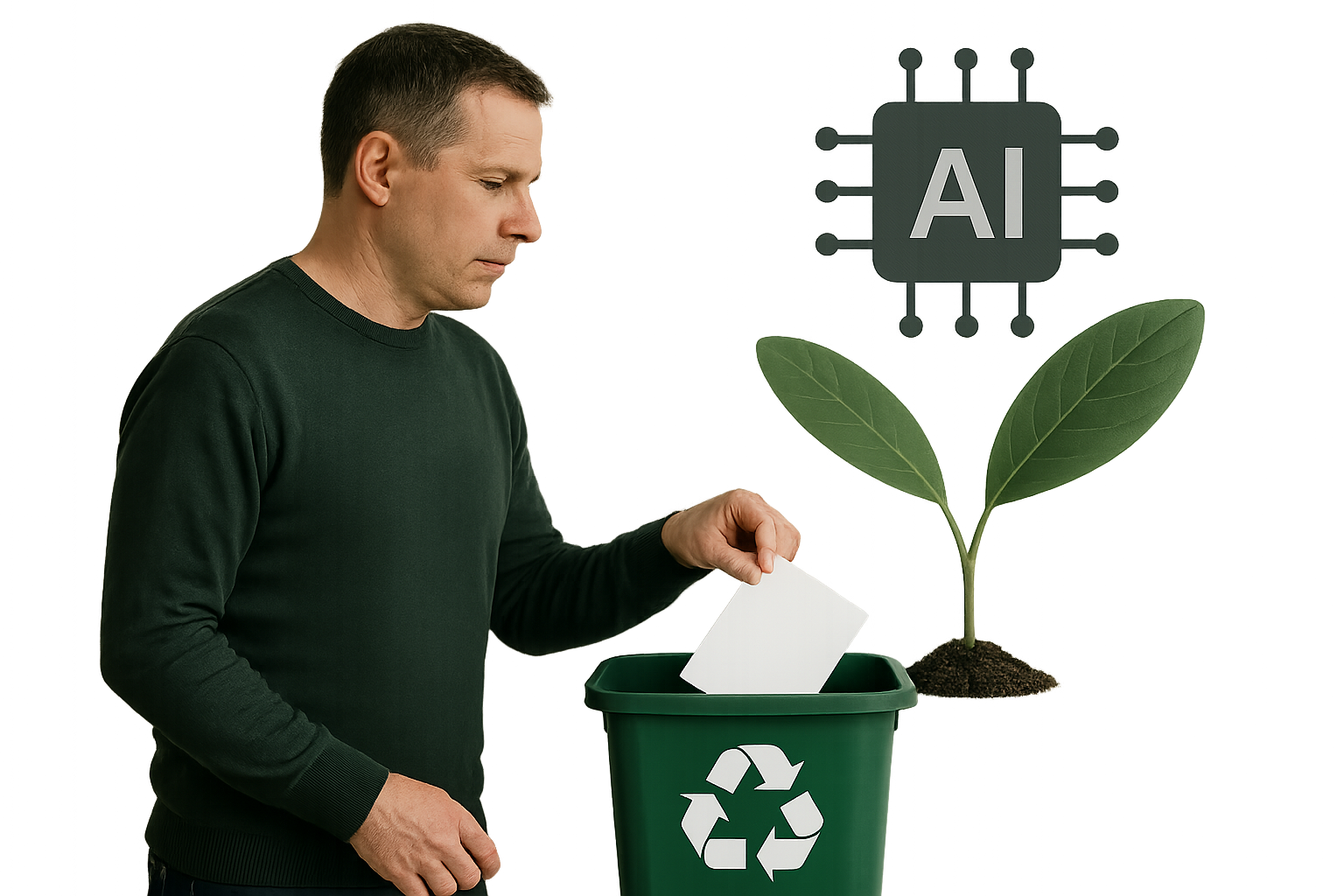 Hombre reciclando una tarjeta en un cubo de reciclaje con símbolo de reciclaje, un ícono de AI en una pantalla y una planta joven, simbolizando la tecnología y la sostenibilidad.