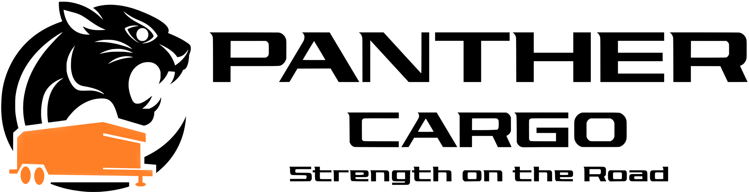 Logo for Panther Cargo featuring a black panther's head and an orange cargo truck, with the text "PANTHER CARGO" and the slogan "Strength on the Road."