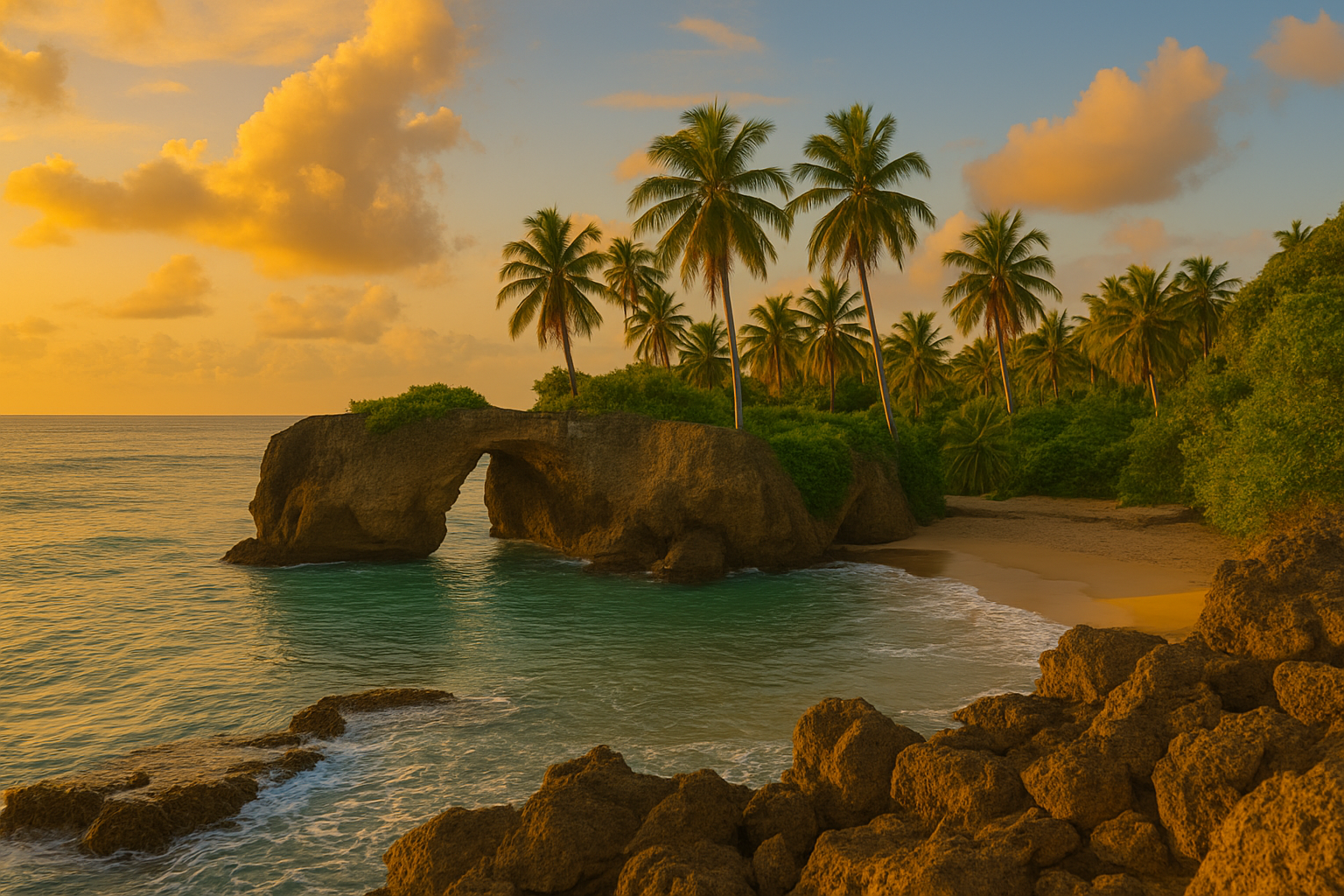Tropical beach with a natural rock arch, palm trees, sandy shore, and ocean at sunset in Puerto Rico..