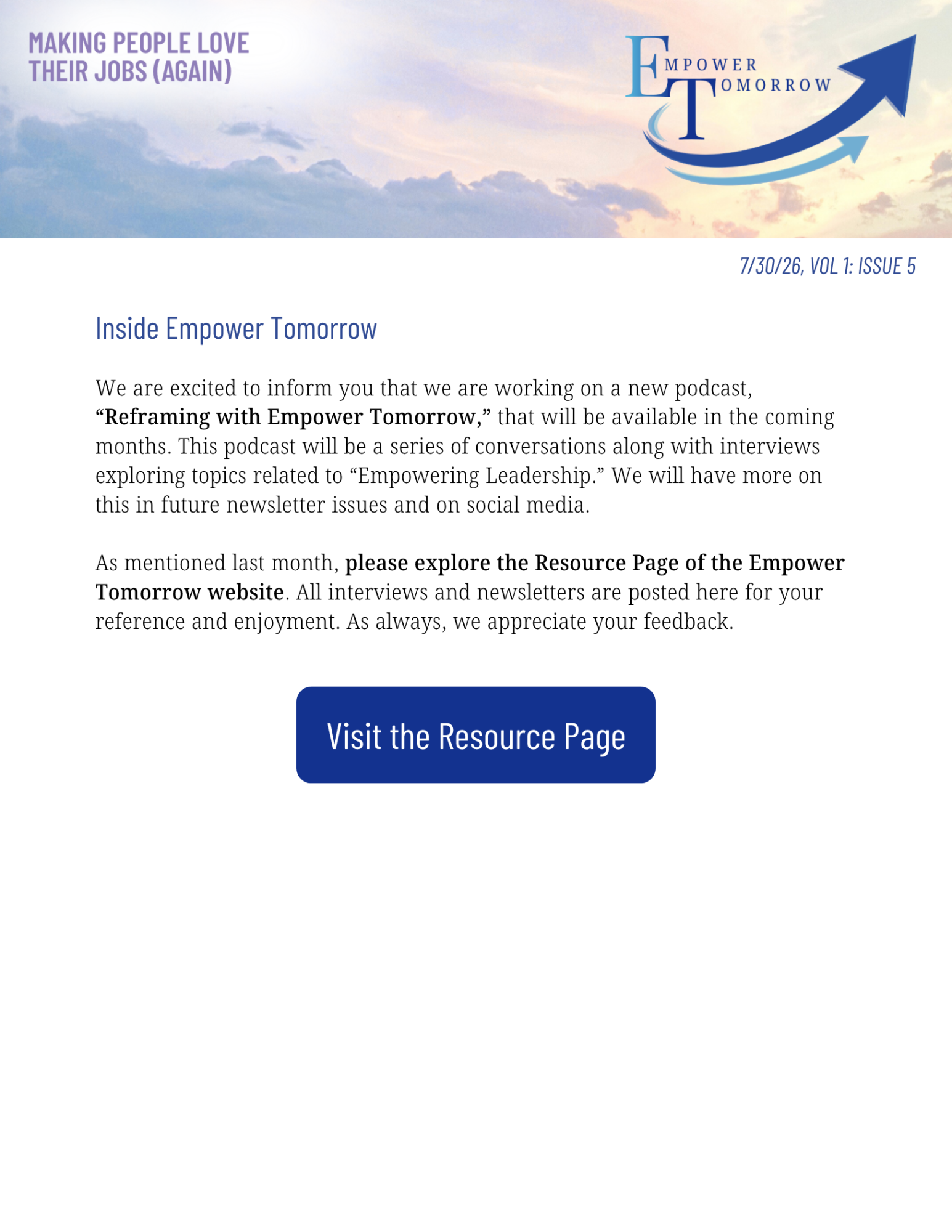 Newsletter header with sky and clouds, title 'Making People Love Their Jobs (Again)', logo with 'Empower Tomorrow', newsletter issue details, and a blue button saying 'Visit the Resource Page'.