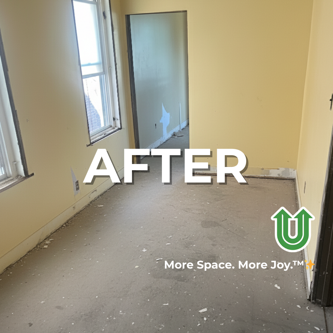 Branded "AFTER UPLIFT" image showing a newly cleared construction site in Center City Philly. The image features the green Uplift “U” brand mark and the ‘More Space. More Joy.™ ✨’ tagline.