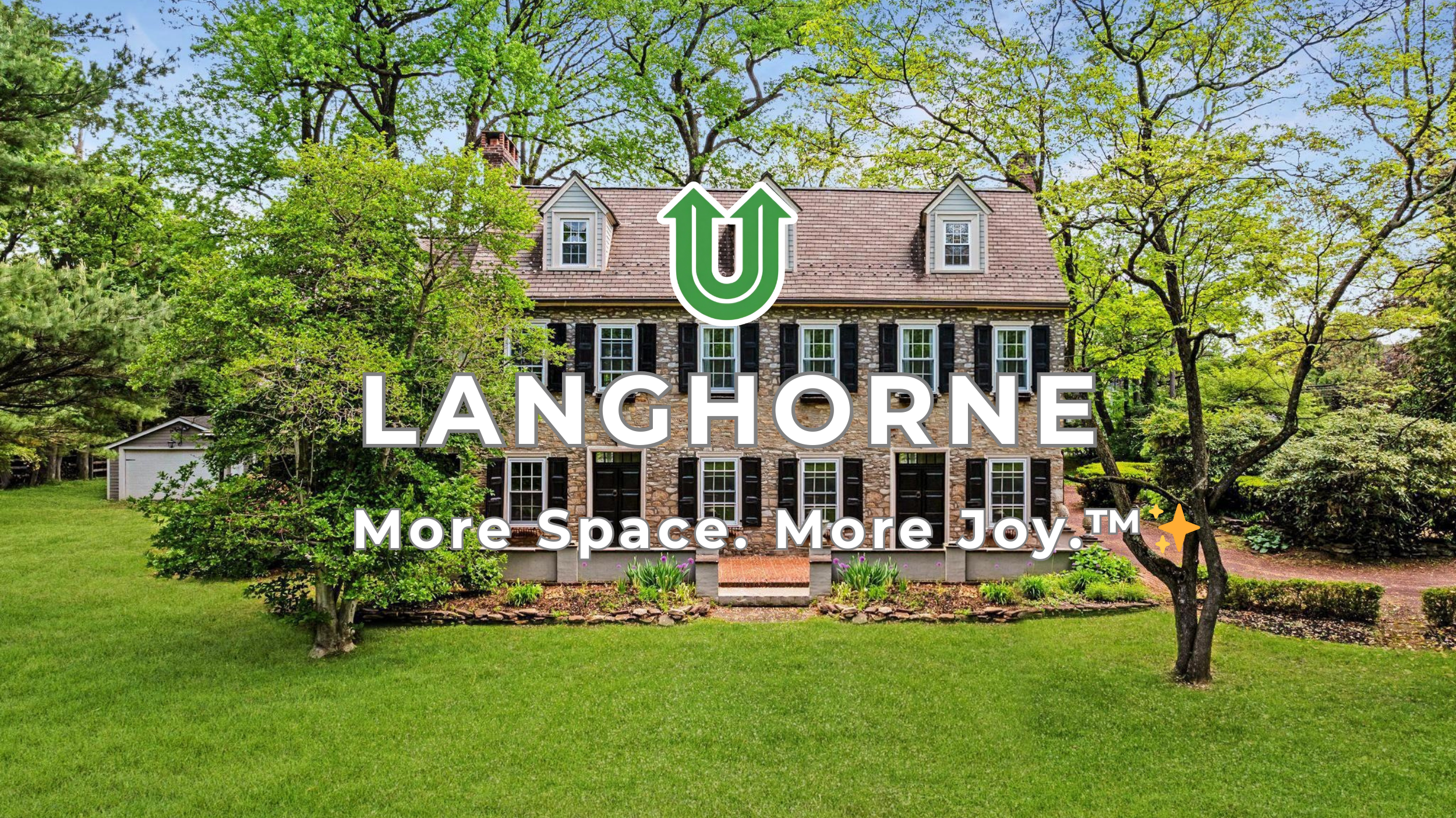 Branded photo from Uplift Junk Solutions showing a cleanout for a home in Langhorne, Bucks County, PA. The image features the green Uplift “U” brand mark and the ‘More Space. More Joy.™ ✨’ tagline.