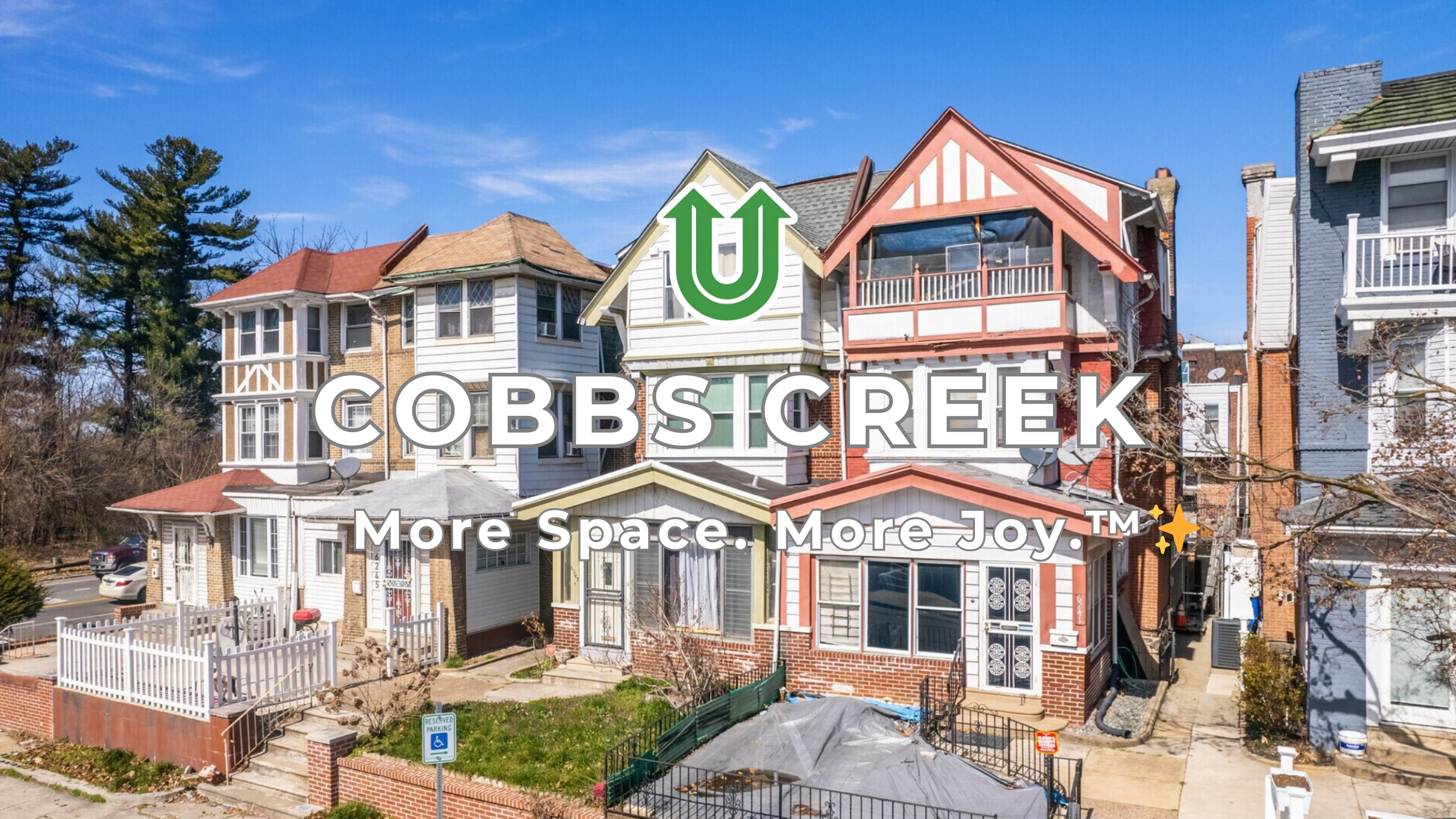 Branded photo from Uplift Junk Solutions showing a residential cleanout in the Cobbs Creek neighborhood of Philly. The image features the green Uplift “U” brand mark and the ‘More Space. More Joy.™ ✨’ tagline.