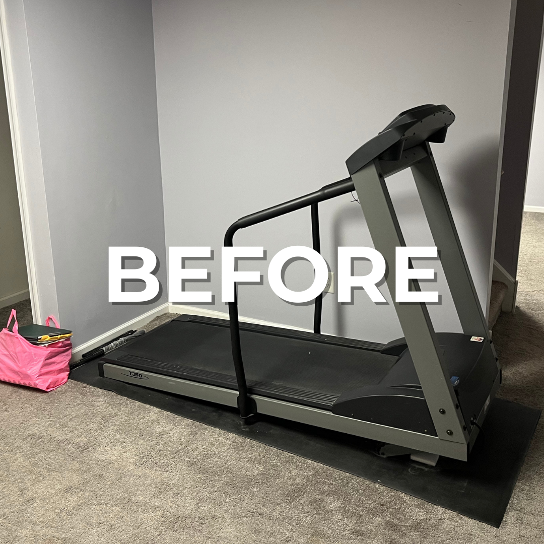 Branded "BEFORE" image showing a cluttered room with a treadmill in Philly.