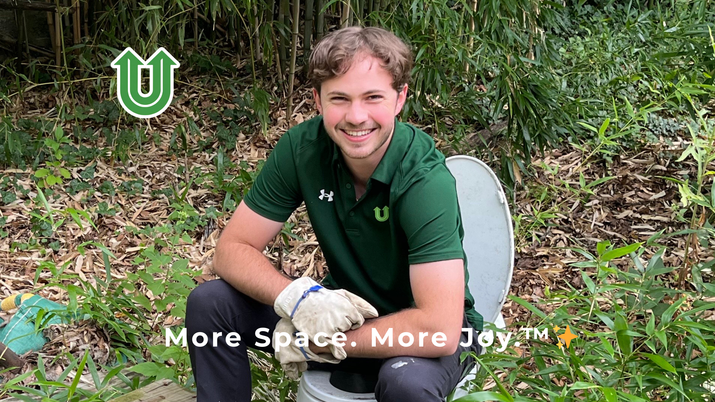 Branded photo from Uplift Junk Solutions showing a team member sitting on a junk toilet in Chestnut Hill, PA. The image features the green Uplift “U” brand mark and the ‘More Space. More Joy.™ ✨’ tagline.