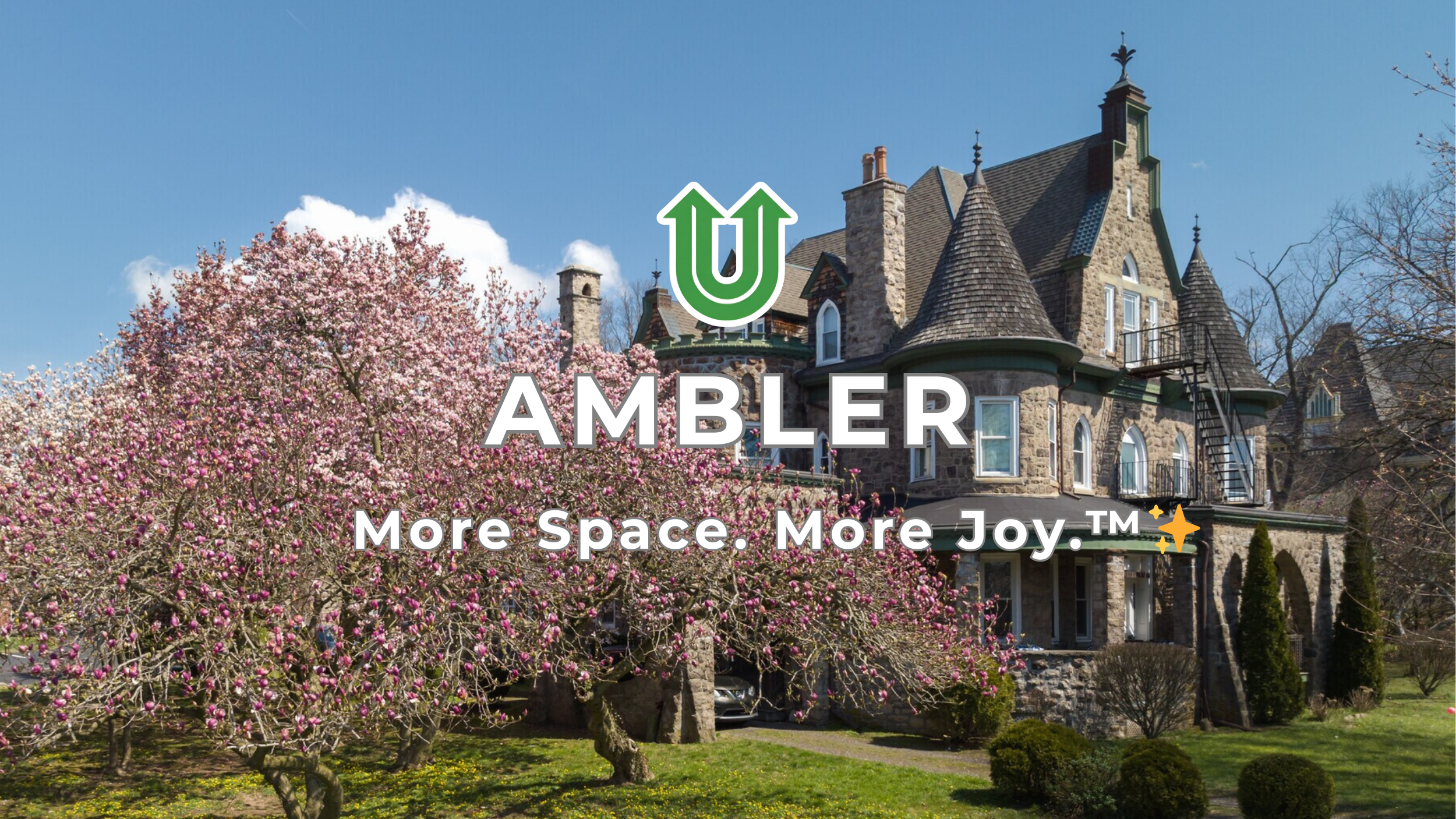 Branded photo from Uplift Junk Solutions showing a cleanout at a residence in Ambler, Montgomery County, PA. The image features the green Uplift “U” brand mark and the ‘More Space. More Joy.™ ✨’ tagline.