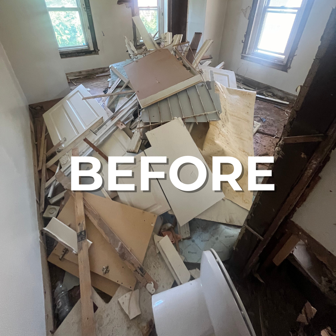 Branded "BEFORE" image showing a cluttered construction site in Center City Philly.