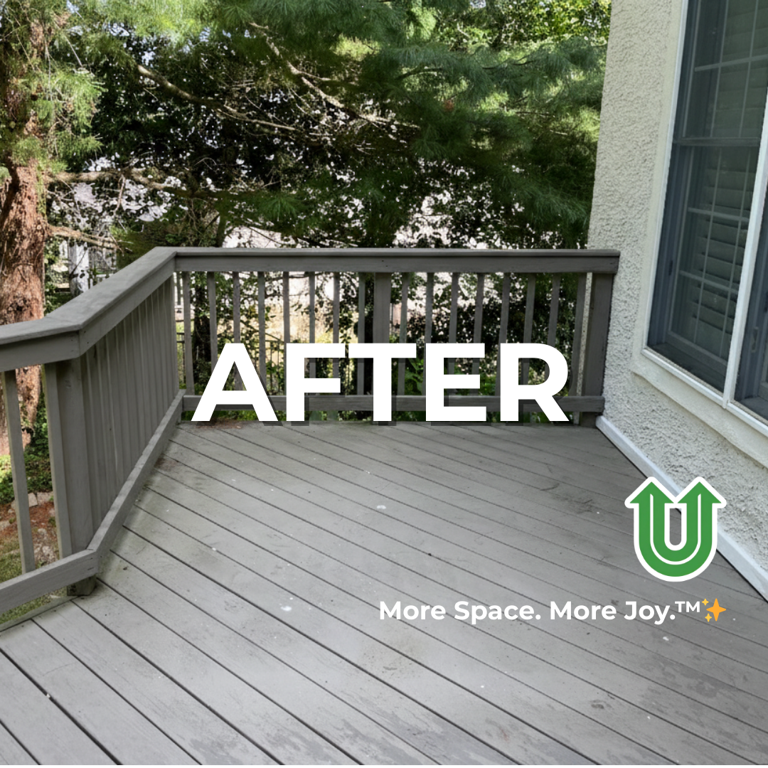 Branded "AFTER UPLIFT" image showing a newly cleared space after whirlpool removal in a Philly suburb. The image features the green Uplift “U” brand mark and the ‘More Space. More Joy.™ ✨’ tagline.
