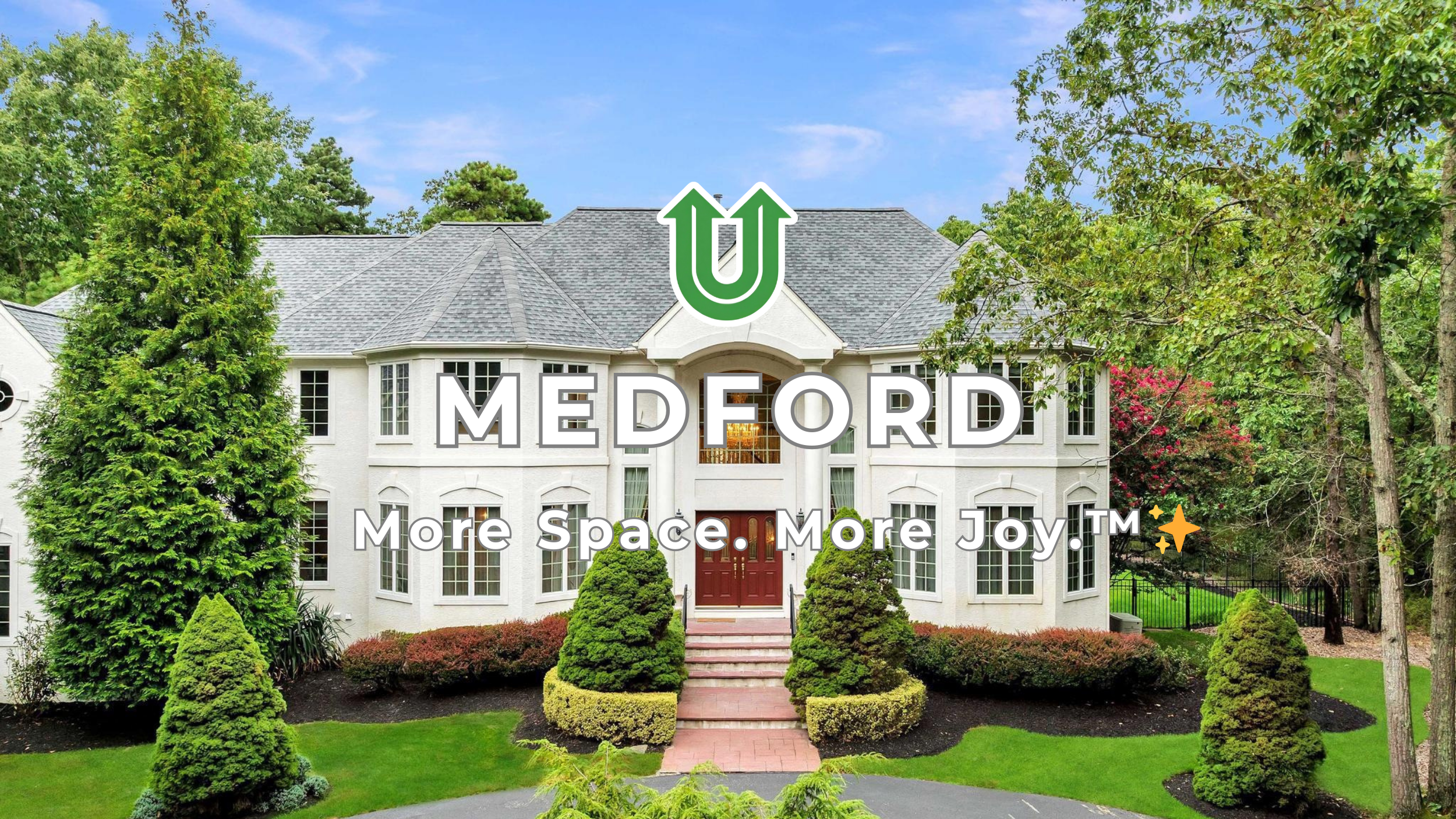 Branded photo from Uplift Junk Solutions showing a cleanout for a home in Medford, Burlington County, NJ. The image features the green Uplift “U” brand mark and the ‘More Space. More Joy.™ ✨’ tagline.