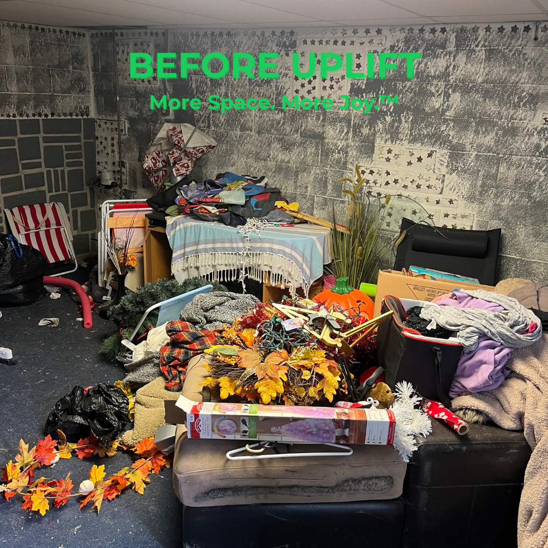 Before Uplift Junk Solutions' basement cleanout, showing the before cluttered space in a home in Center City Philadelphia, PA.