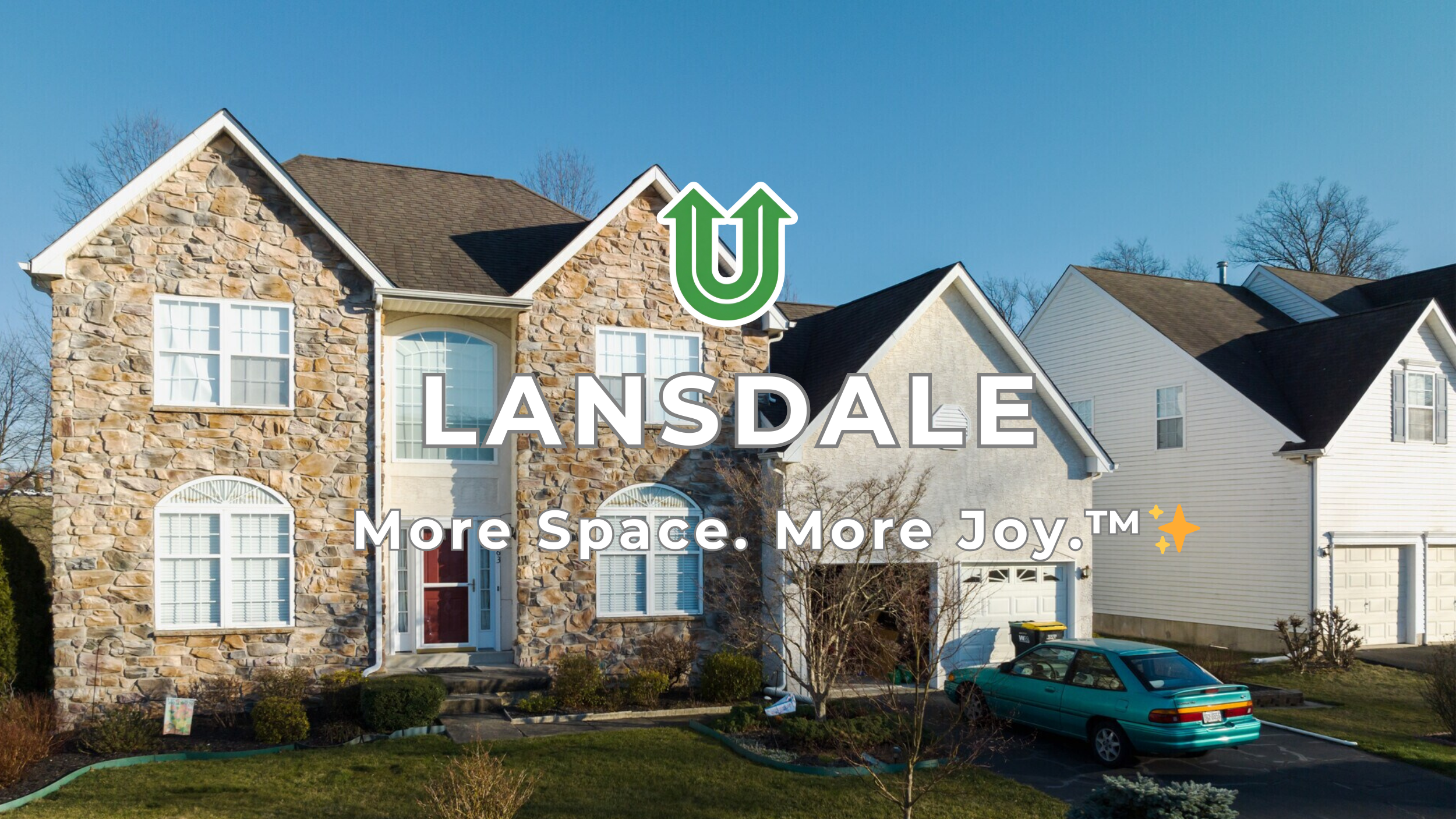 Branded photo from Uplift Junk Solutions showing a cleanout at a residence in Lansdale, Montgomery County, PA. The image features the green Uplift “U” brand mark and the ‘More Space. More Joy.™ ✨’ tagline.