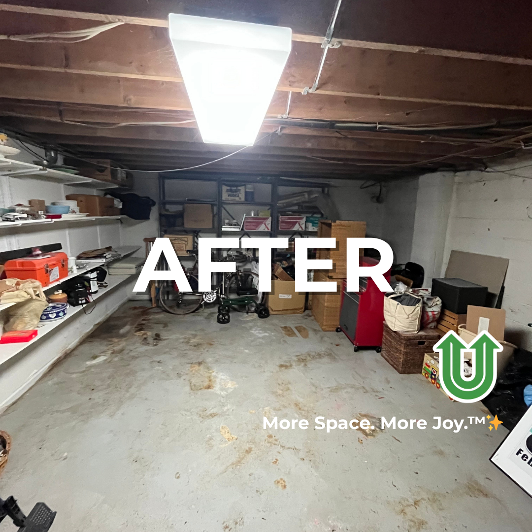 Branded "AFTER UPLIFT" image showing a newly cleared basement in Society Hill, Philly. The image features the green Uplift “U” brand mark and the ‘More Space. More Joy.™ ✨’ tagline.