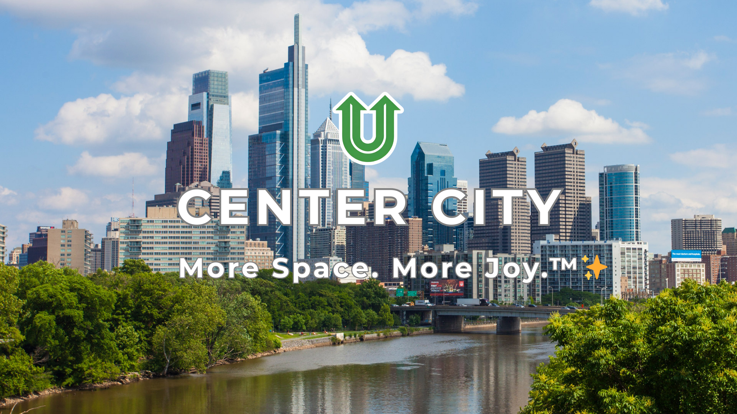 Branded photo from Uplift Junk Solutions showing a cleanout in Center City Philly. The image features the green Uplift “U” brand mark and the ‘More Space. More Joy.™ ✨’ tagline.