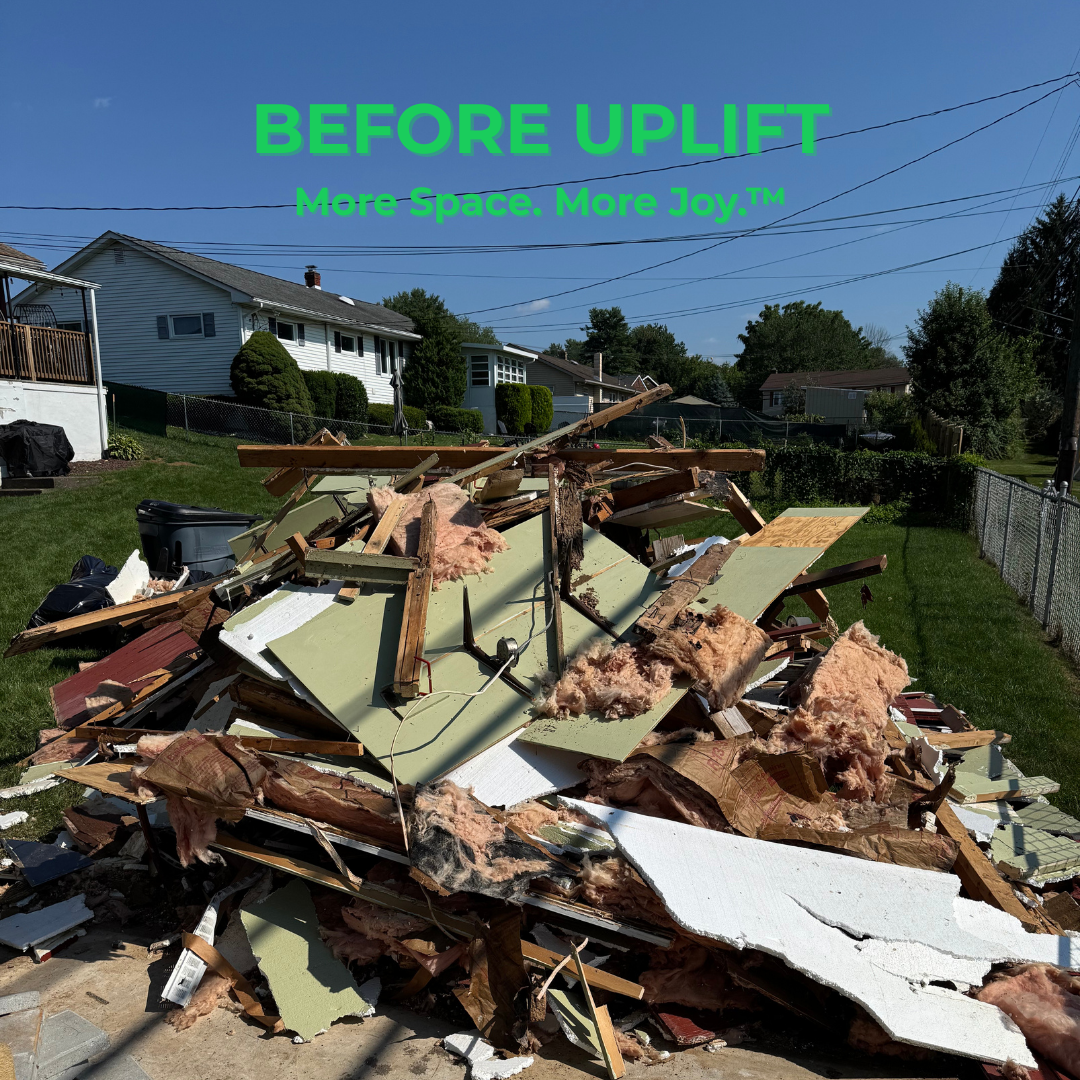 Before Uplift Junk Solutions' shed demolition and removal, showing the before cluttered space in a yard in Allentown, PA.