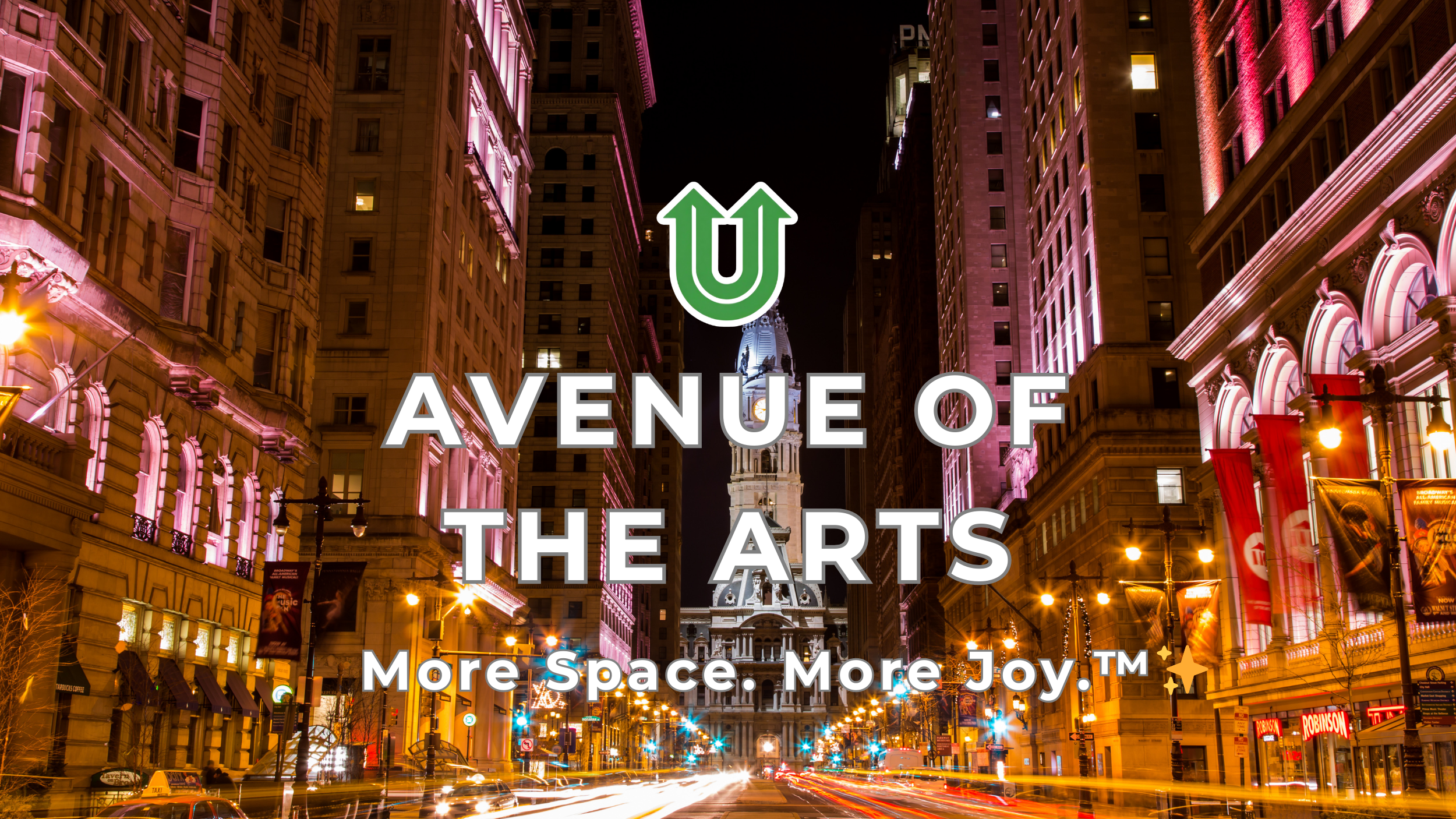 Branded photo from Uplift Junk Solutions showing a cleanout for residences and businesses on the Avenue of the Arts in Philly. The image features the green Uplift “U” brand mark and the ‘More Space. More Joy.™ ✨’ tagline.