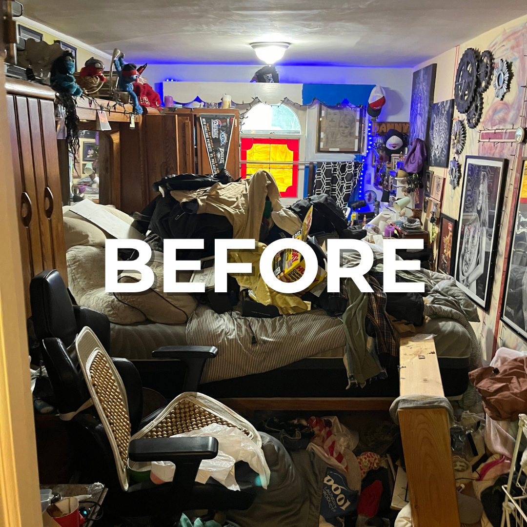Branded "BEFORE" image showing a cluttered hoarder house bedroom in a Philly suburb.
