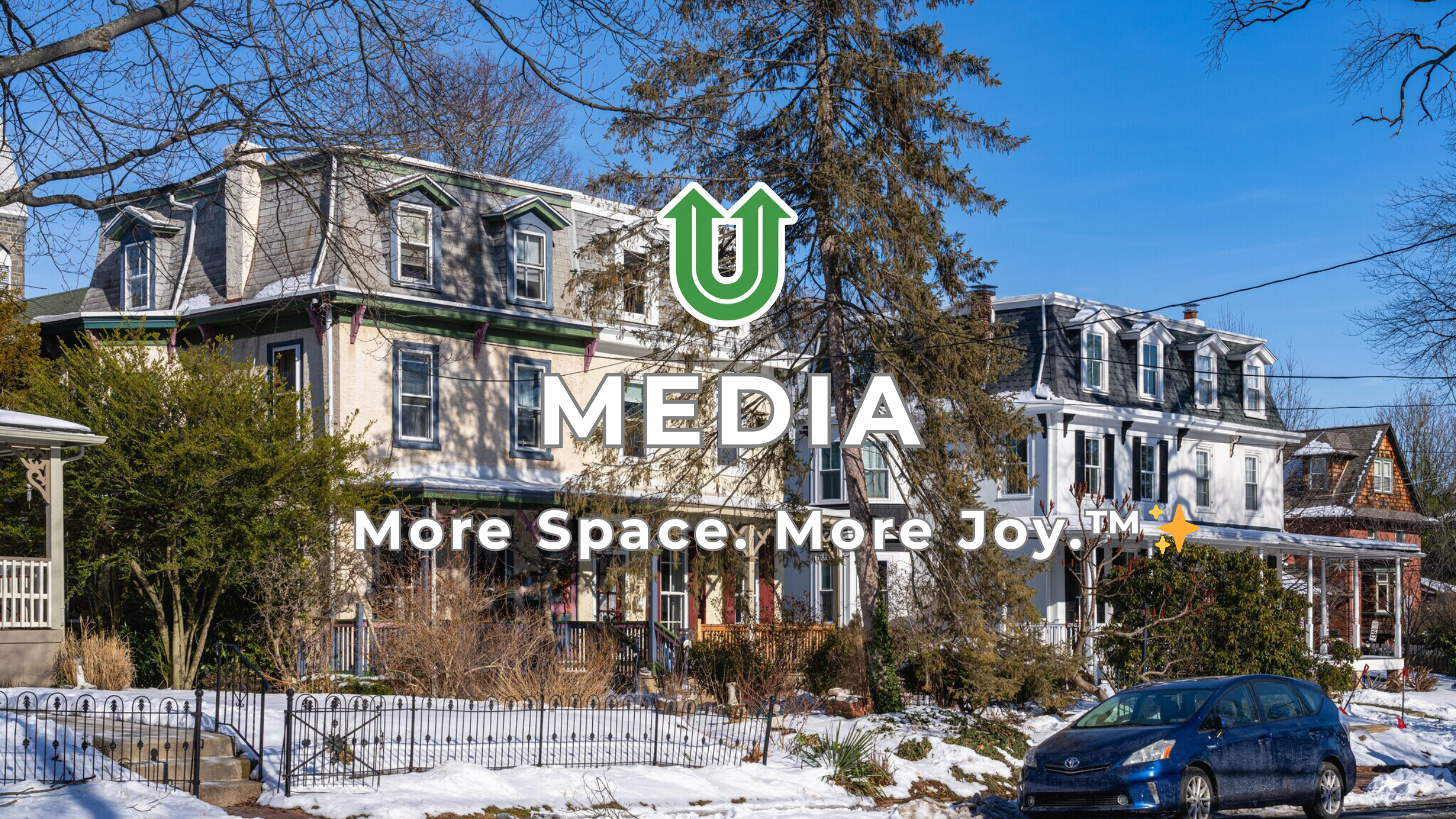 Branded photo from Uplift Junk Solutions showing a cleanout for a home in Media, Delaware County, PA. The image features the green Uplift “U” brand mark and the ‘More Space. More Joy.™ ✨’ tagline.