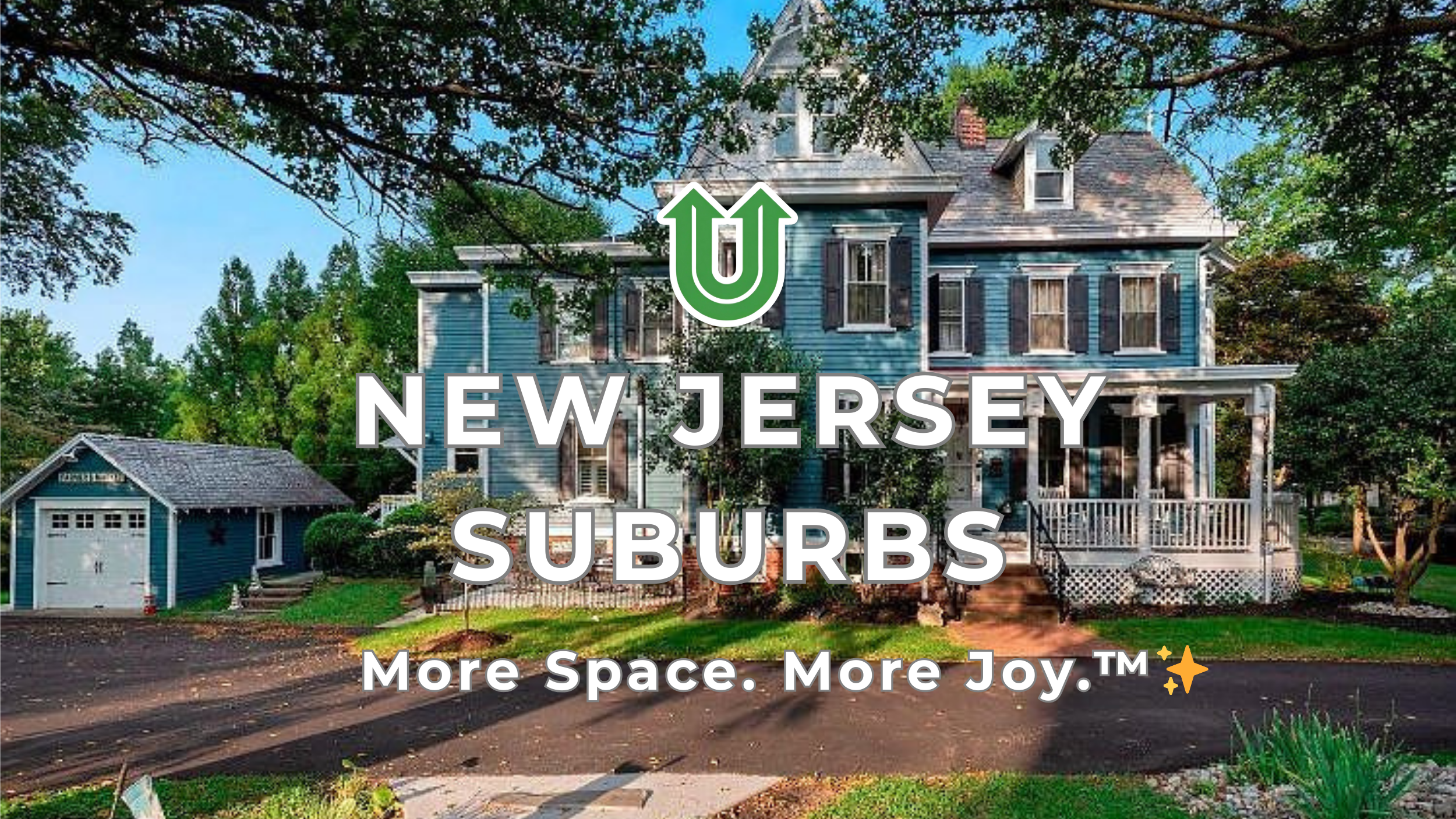 Branded photo from Uplift Junk Solutions showing a cleanout at a home in the New Jersey suburbs. The image features the green Uplift “U” brand mark and the ‘More Space. More Joy.™ ✨’ tagline.