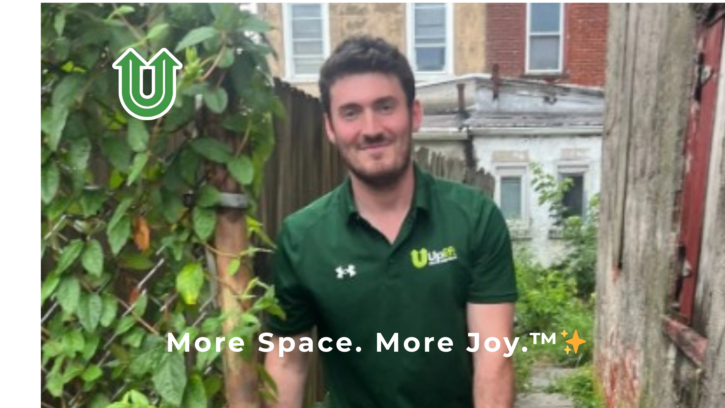 Branded photo from Uplift Junk Solutions showing Richard removing furniture from a residential property in the Pennsylvania suburbs. The image features the green Uplift “U” brand mark and the ‘More Space. More Joy.™ ✨’ tagline.