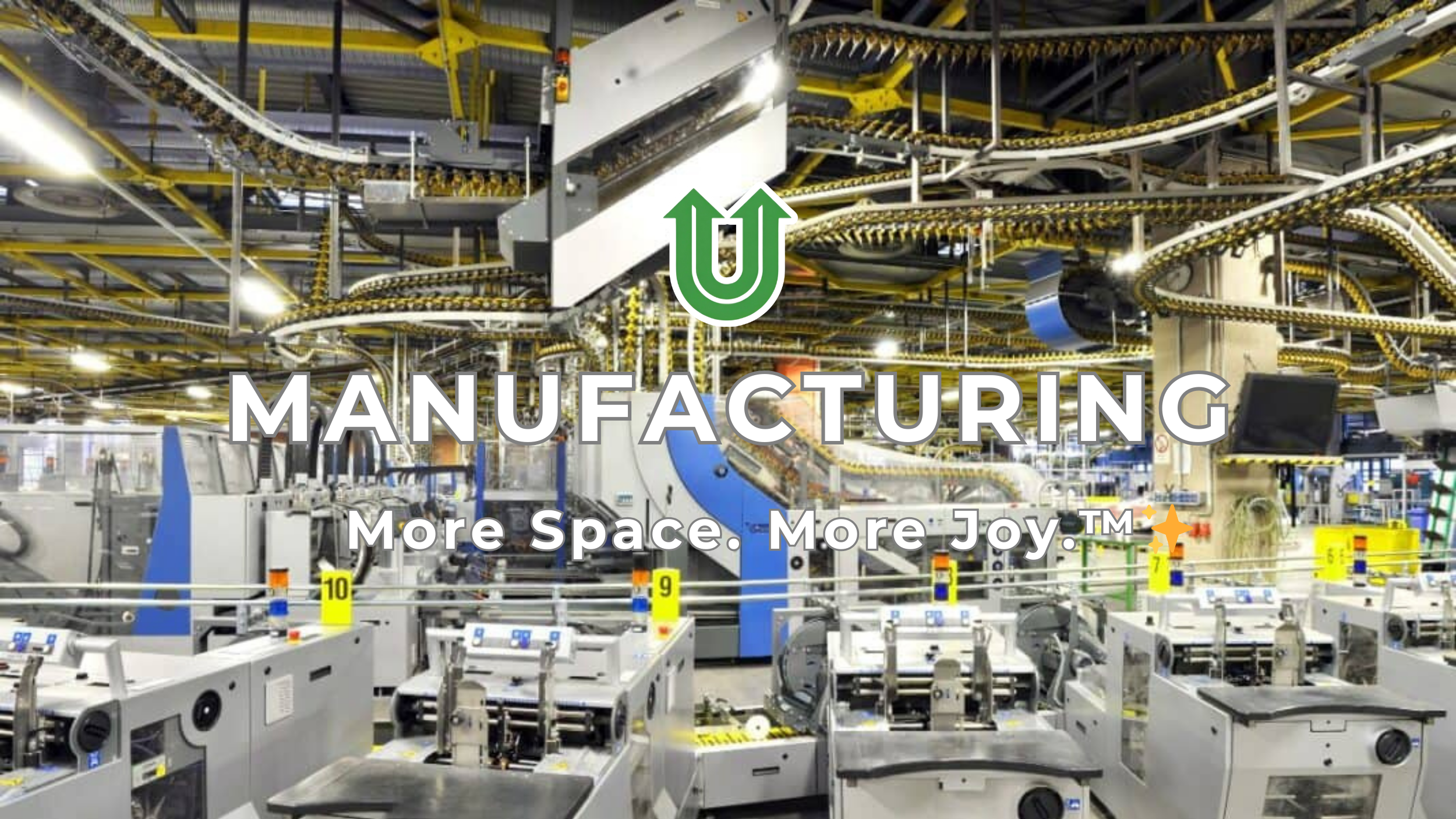 Branded photo from Uplift Junk Solutions showing a facility cleanout for a manufacturing business. The image features the green Uplift “U” brand mark and the ‘More Space. More Joy.™ ✨’ tagline.