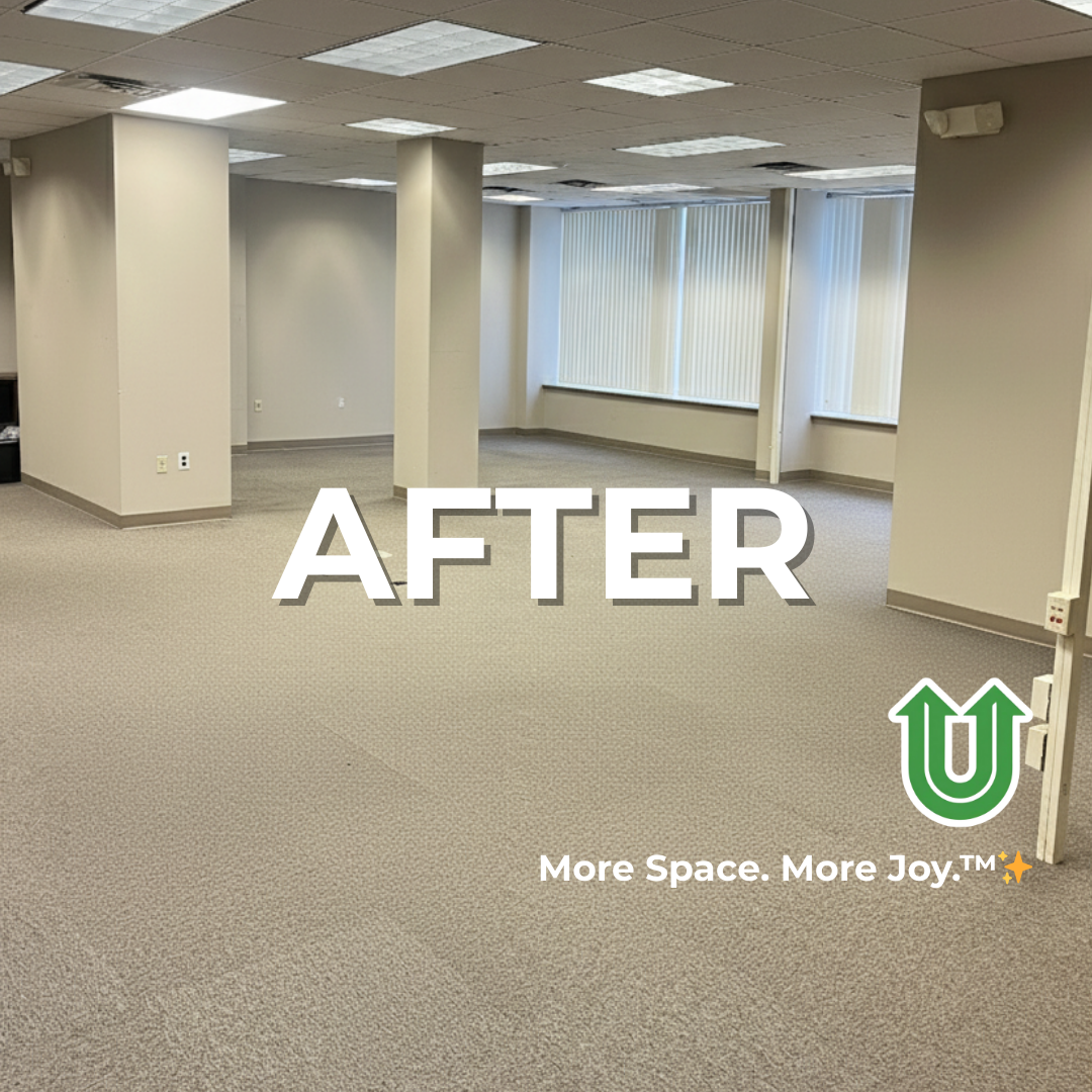 Branded "AFTER UPLIFT" image showing a newly cleared office in Cherry Hill, NJ. The image features the green Uplift “U” brand mark and the ‘More Space. More Joy.™ ✨’ tagline.