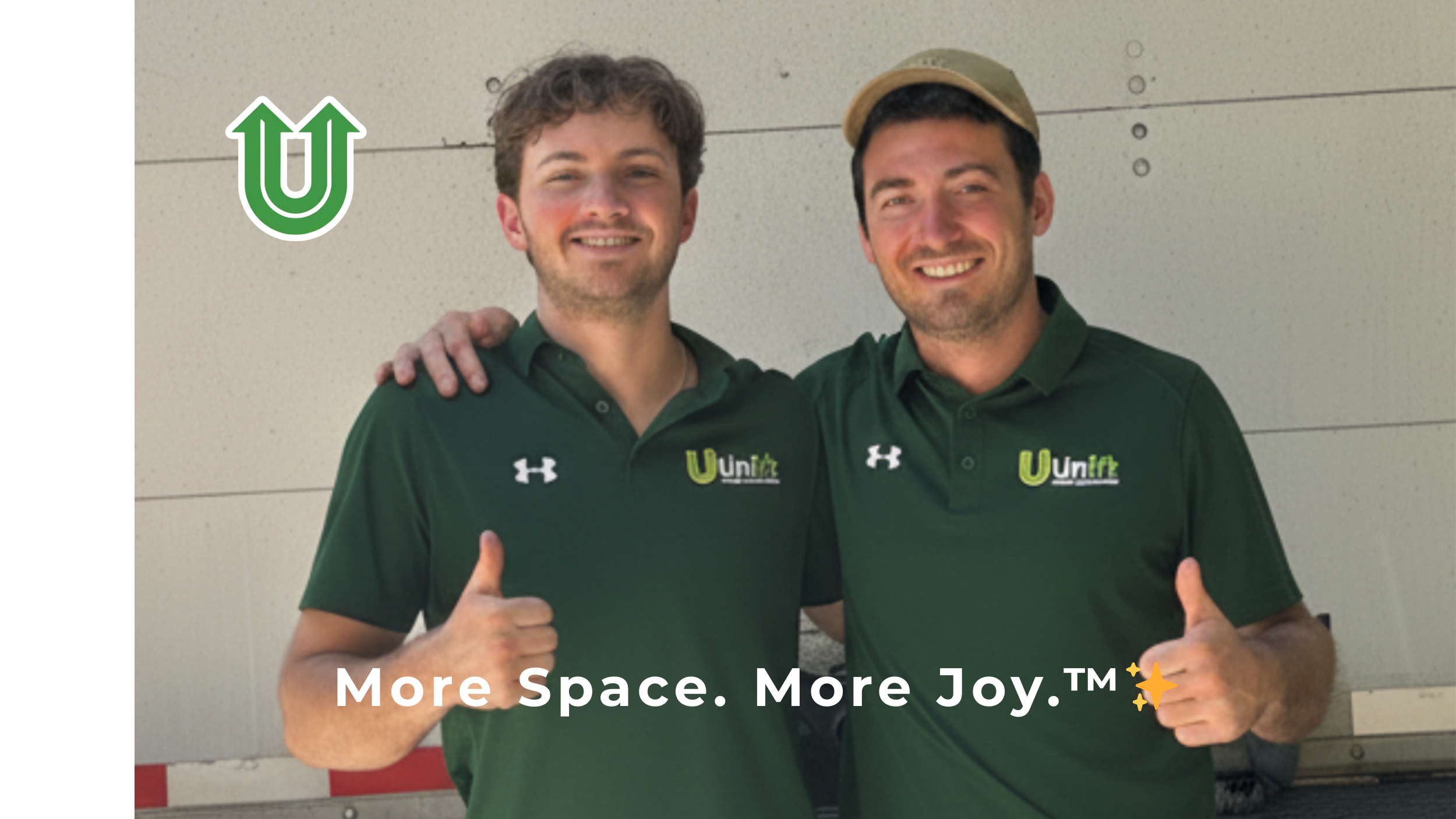 Branded photo from Uplift Junk Solutions showing founders Tristan and Richard at the back of their truck in Center City, Philly. The image features the green Uplift “U” brand mark and the ‘More Space. More Joy.™ ✨’ tagline.