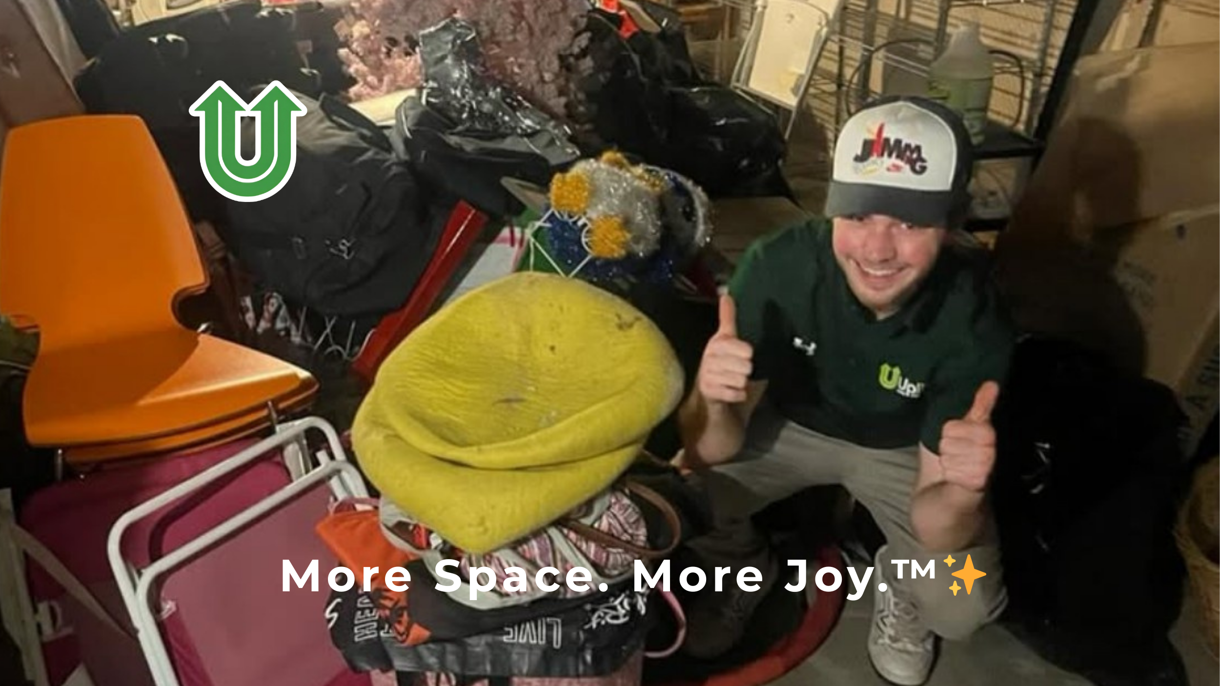 Branded photo from Uplift Junk Solutions showing a team member giving a thumbs-up after a basement cleanout in Philadelphia. The image features the green Uplift “U” brand mark and the ‘More Space. More Joy.™ ✨’ tagline.