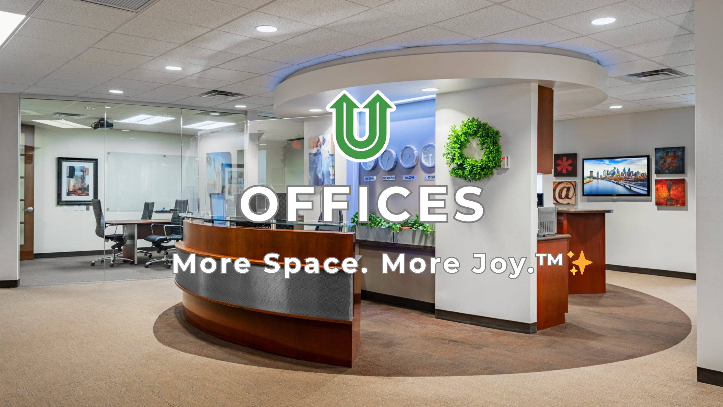 Branded photo from Uplift Junk Solutions showing a commercial office cleanout. The image features the green Uplift “U” brand mark and the ‘More Space. More Joy.™ ✨’ tagline.