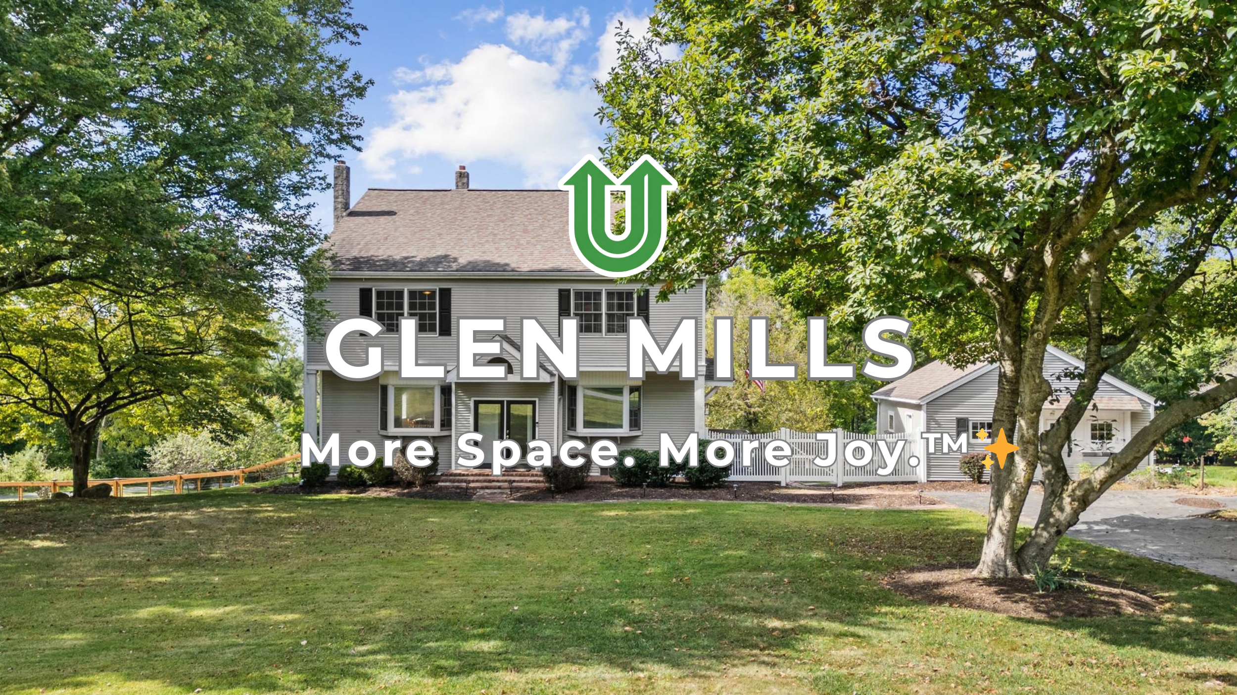 Branded photo from Uplift Junk Solutions showing a cleanout for a home in Glen Mills, Delaware County, PA. The image features the green Uplift “U” brand mark and the ‘More Space. More Joy.™ ✨’ tagline.
