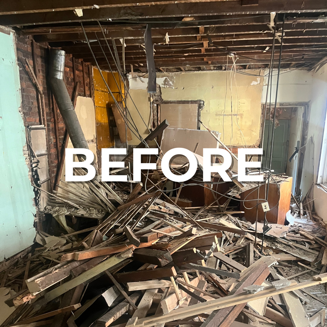 Branded "BEFORE" image showing a cluttered construction site in Center City Philly.