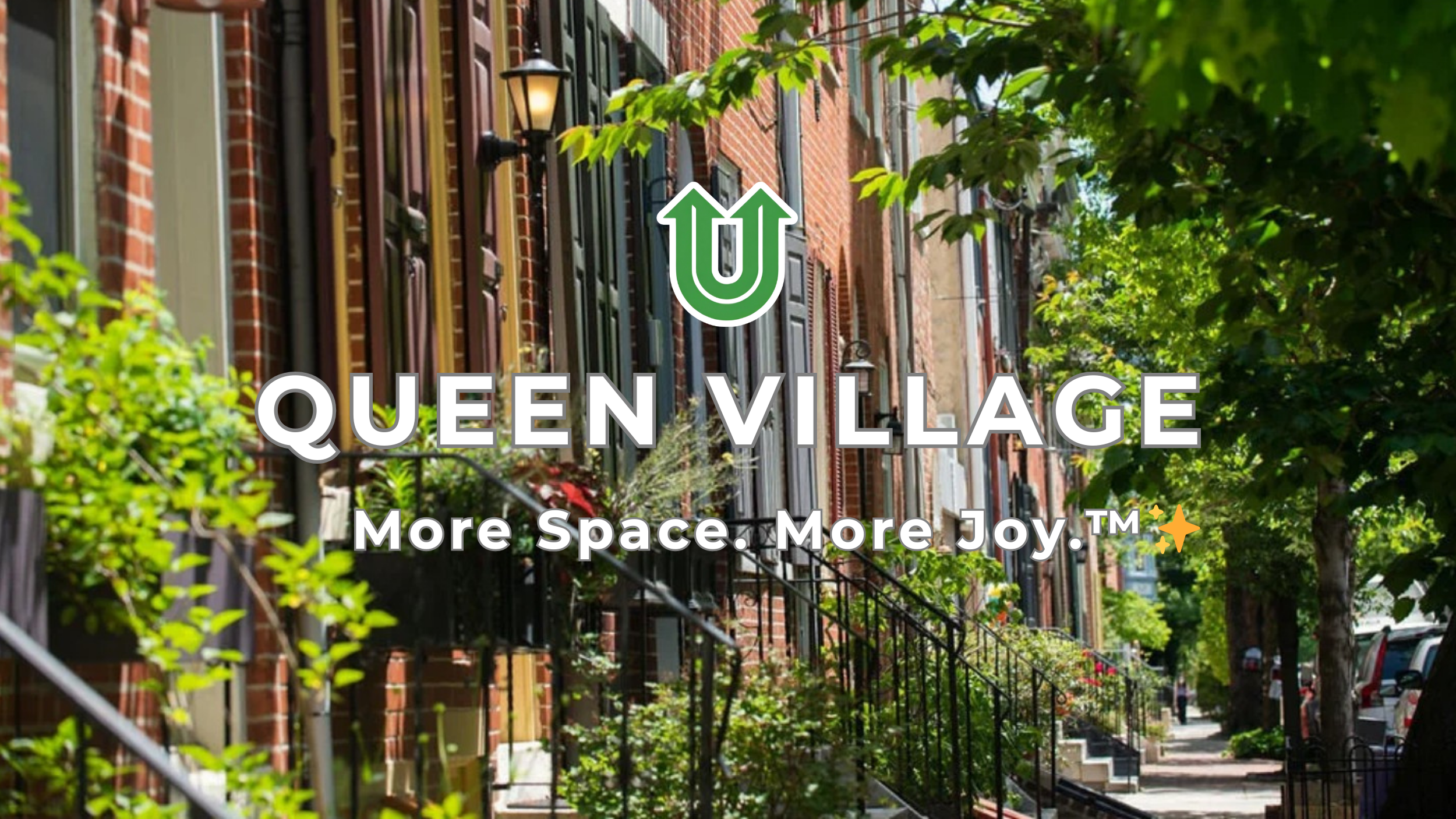 Branded photo from Uplift Junk Solutions showing a home cleanout in the historic Queen Village neighborhood of Philly. The image features the green Uplift “U” brand mark and the ‘More Space. More Joy.™ ✨’ tagline.