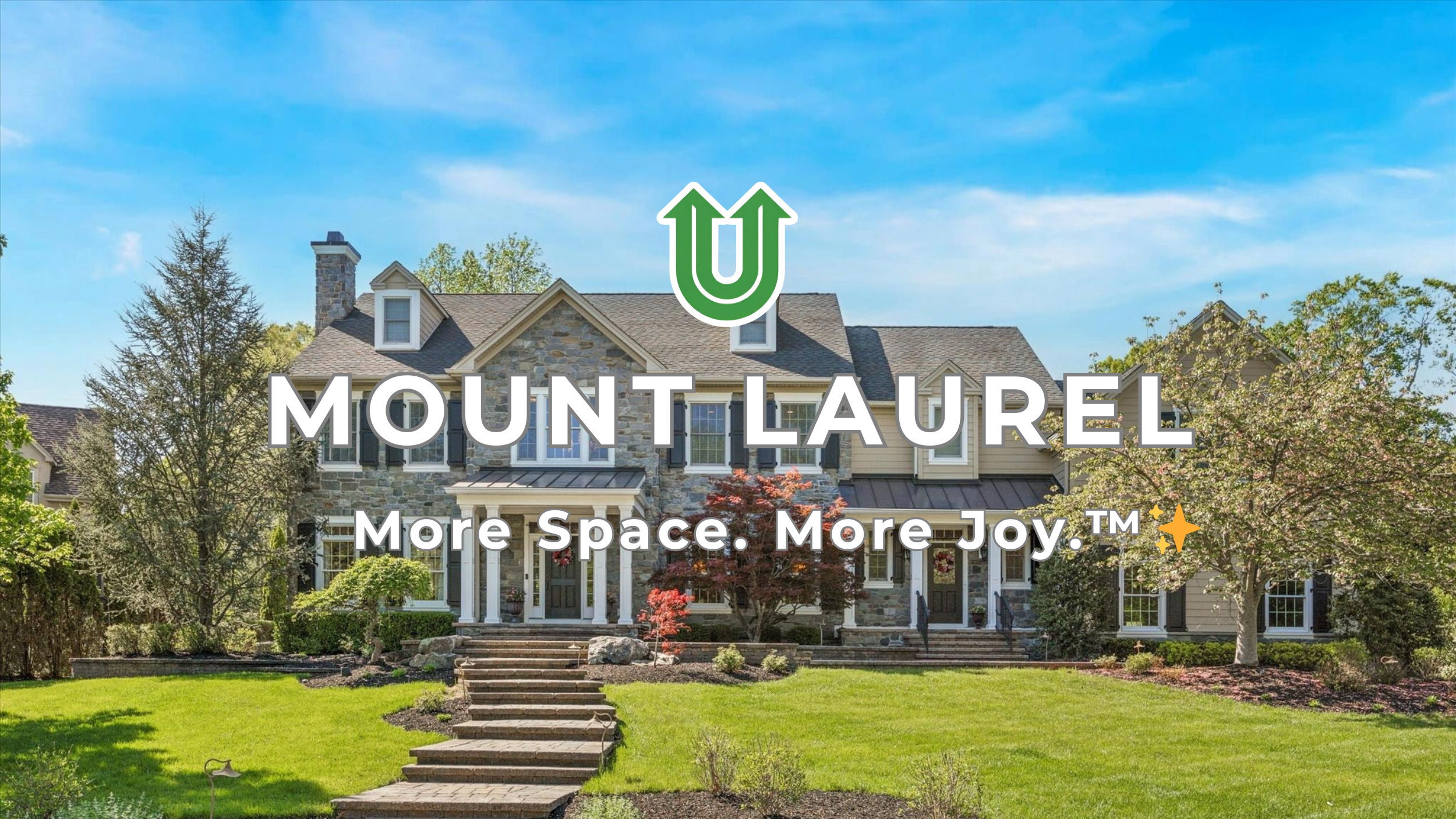 Branded photo from Uplift Junk Solutions showing a cleanout for a home in Mount Laurel, Burlington County, NJ. The image features the green Uplift “U” brand mark and the ‘More Space. More Joy.™ ✨’ tagline.