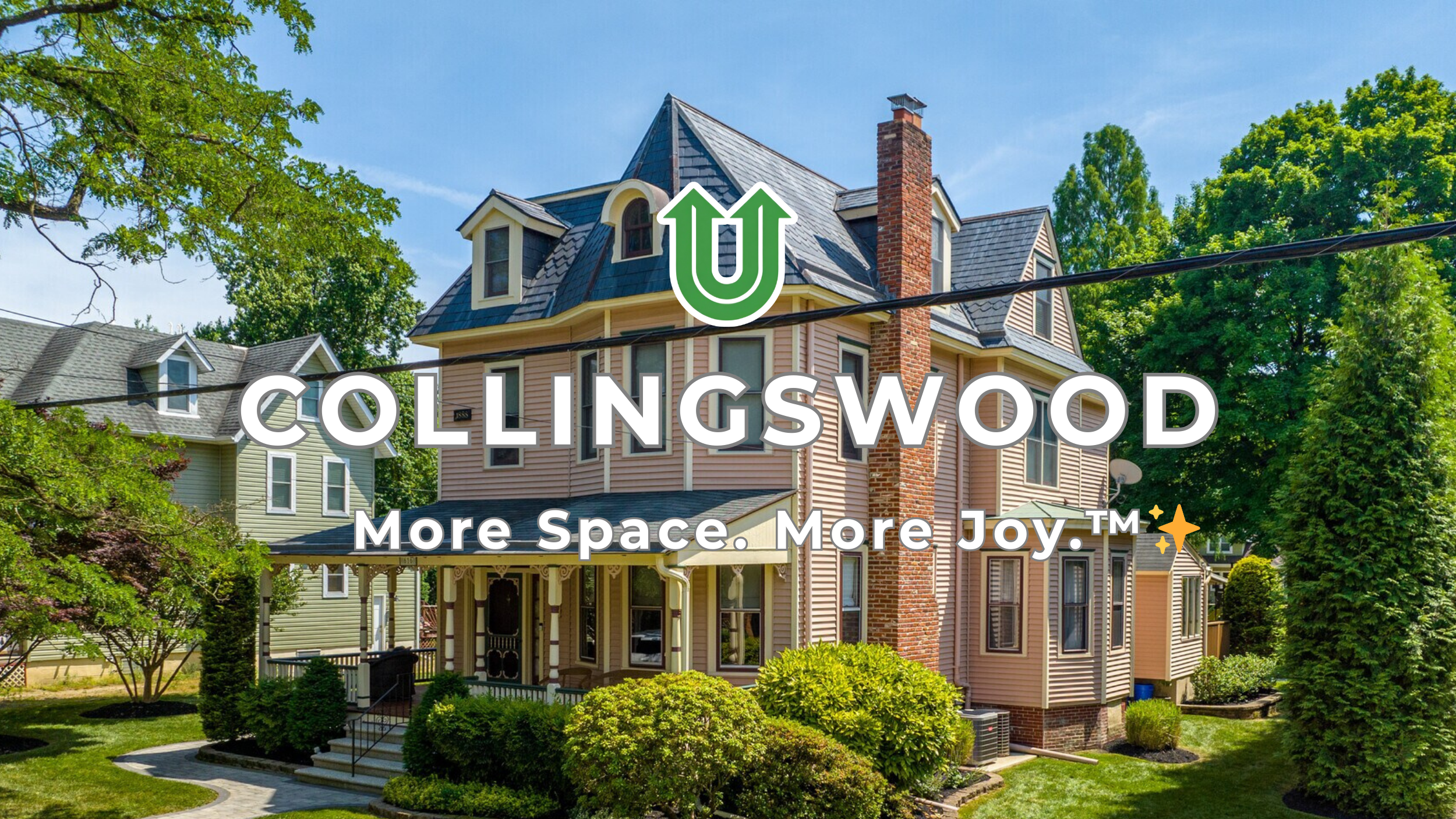 Branded photo from Uplift Junk Solutions showing a cleanout for a home in Collingswood, Camden County, NJ. The image features the green Uplift “U” brand mark and the ‘More Space. More Joy.™ ✨’ tagline.