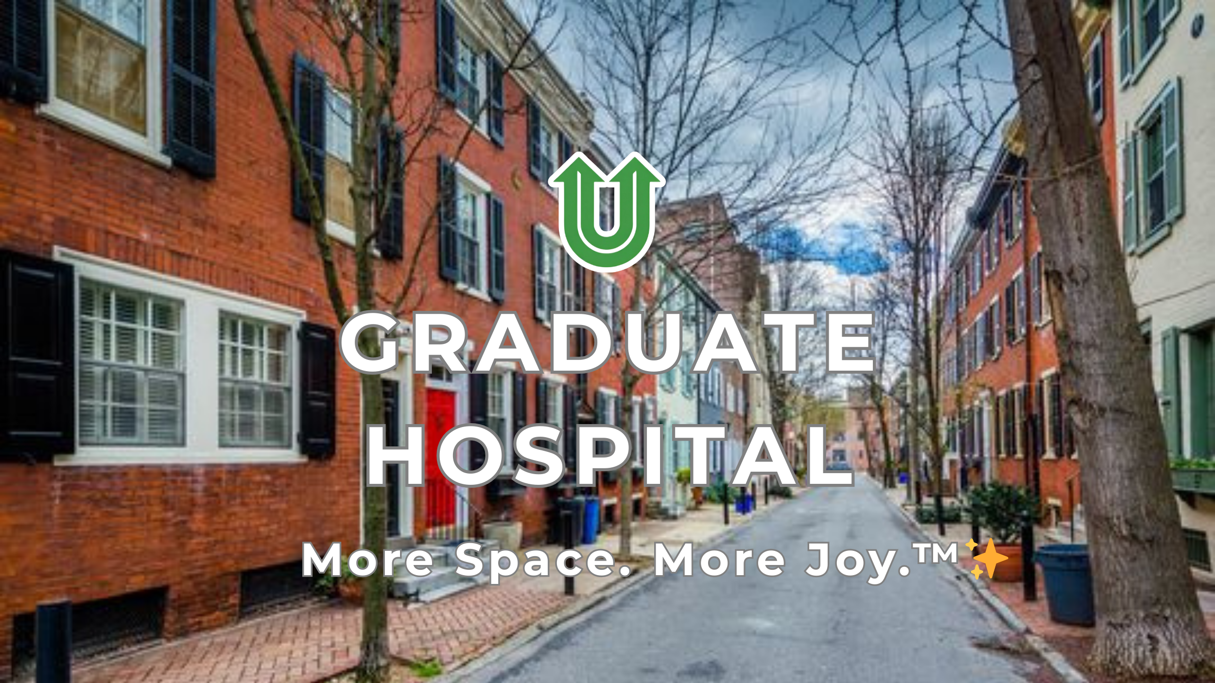 Branded photo from Uplift Junk Solutions showing a home cleanout in the Graduate Hospital neighborhood of Philly. The image features the green Uplift “U” brand mark and the ‘More Space. More Joy.™ ✨’ tagline.