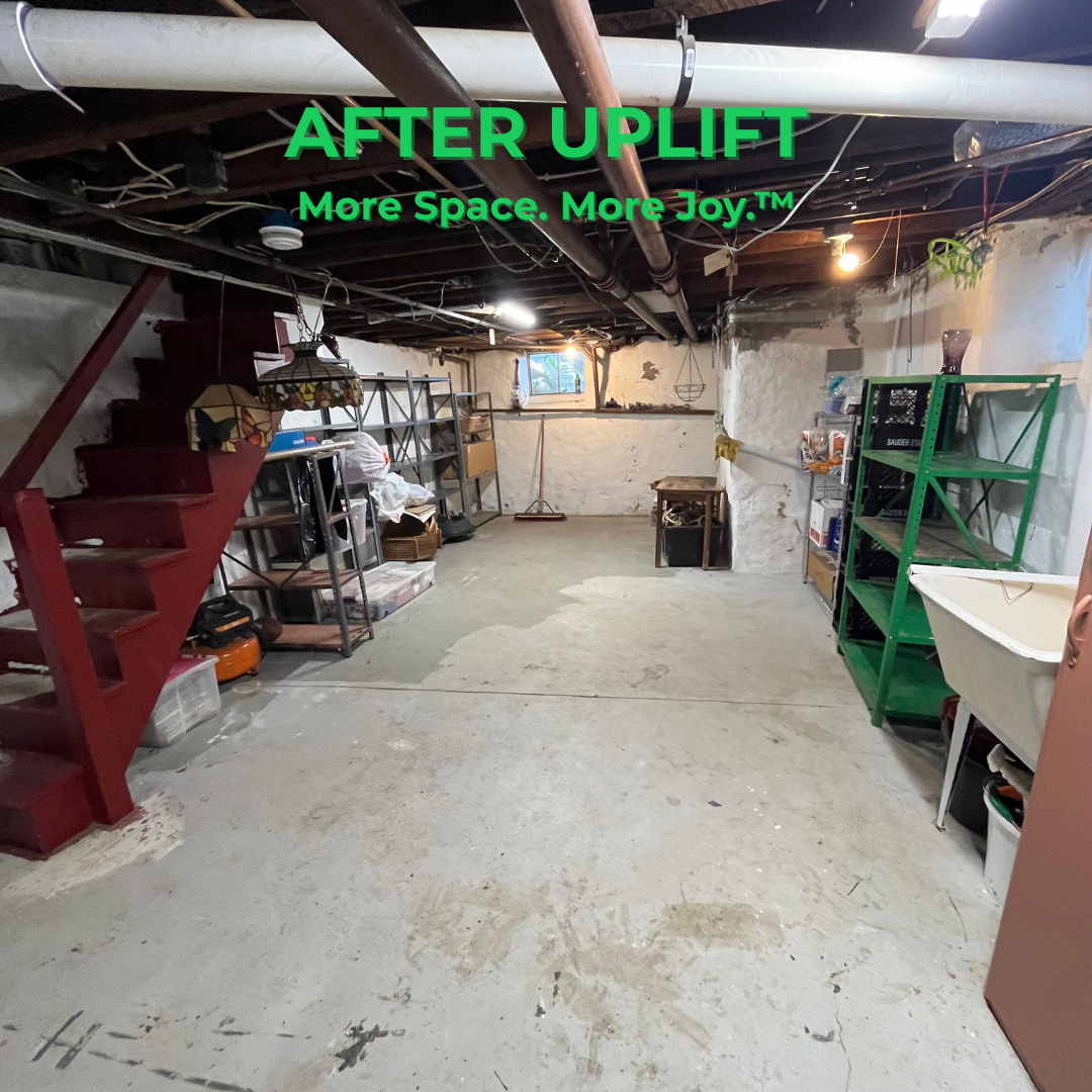 After Uplift Junk Solutions' hoarder house basement cleanout, showing the newly cleared space in a suburban Philadelphia home.