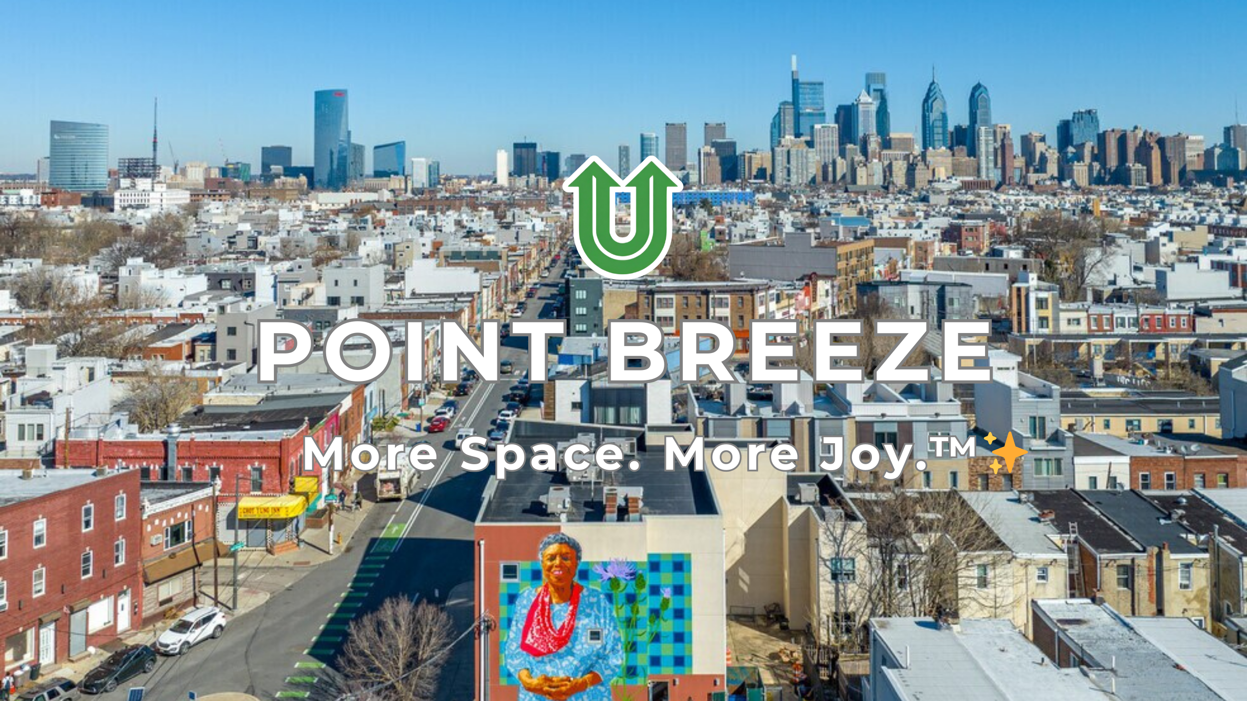 Branded photo from Uplift Junk Solutions showing a residential cleanout in the vibrant Point Breeze neighborhood of Philly. The image features the green Uplift “U” brand mark and the ‘More Space. More Joy.™ ✨’ tagline.