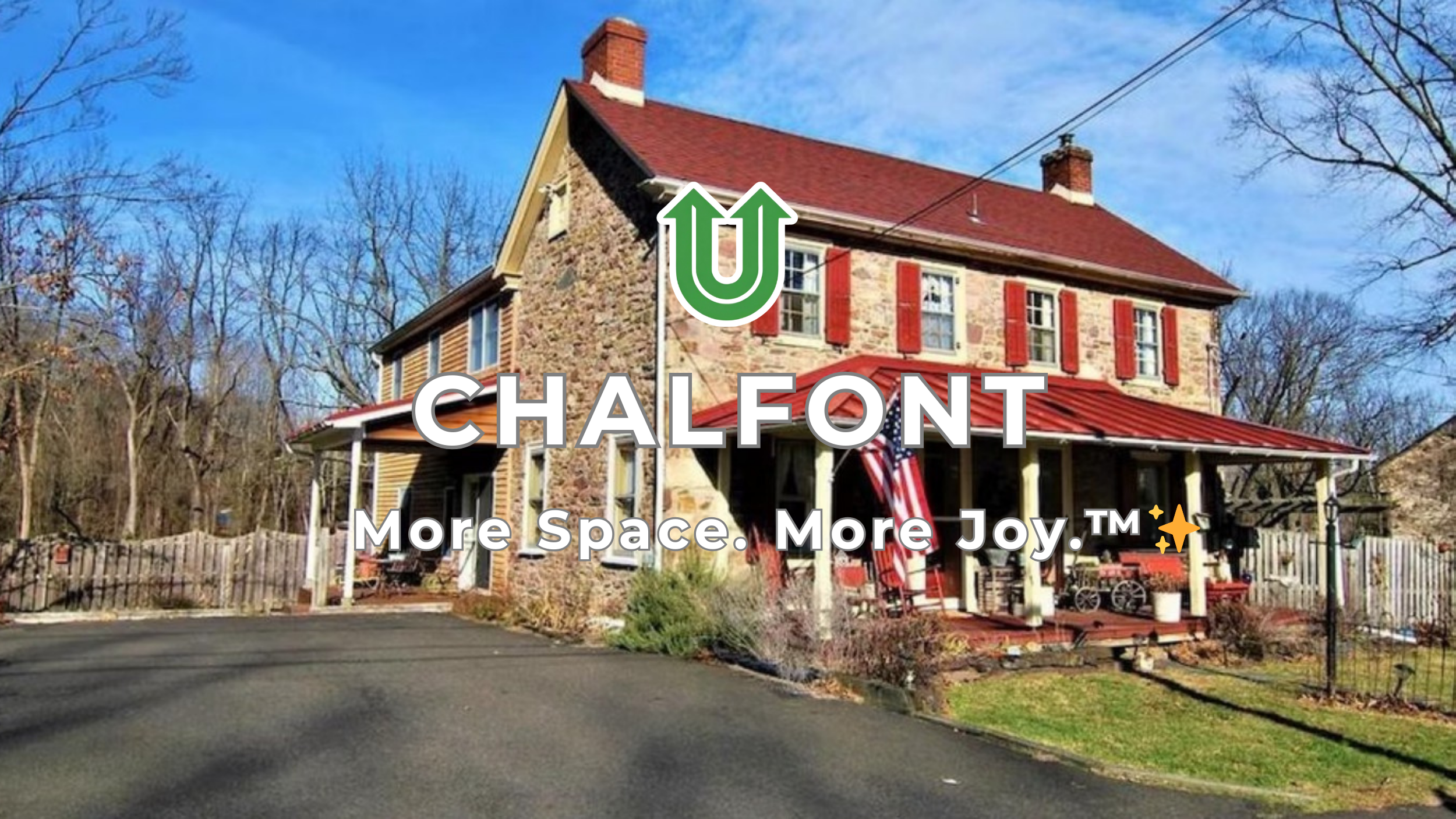 Branded photo from Uplift Junk Solutions showing a cleanout at a residence in Chalfont, Bucks County, PA. The image features the green Uplift “U” brand mark and the ‘More Space. More Joy.™ ✨’ tagline.