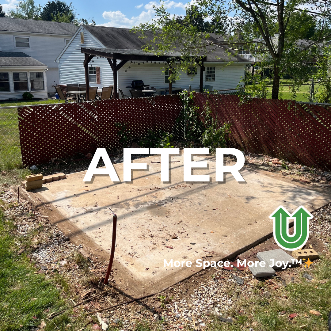 Branded "AFTER UPLIFT" image showing a newly cleared yard in Allentown, PA. The image features the green Uplift “U” brand mark and the ‘More Space. More Joy.™ ✨’ tagline.