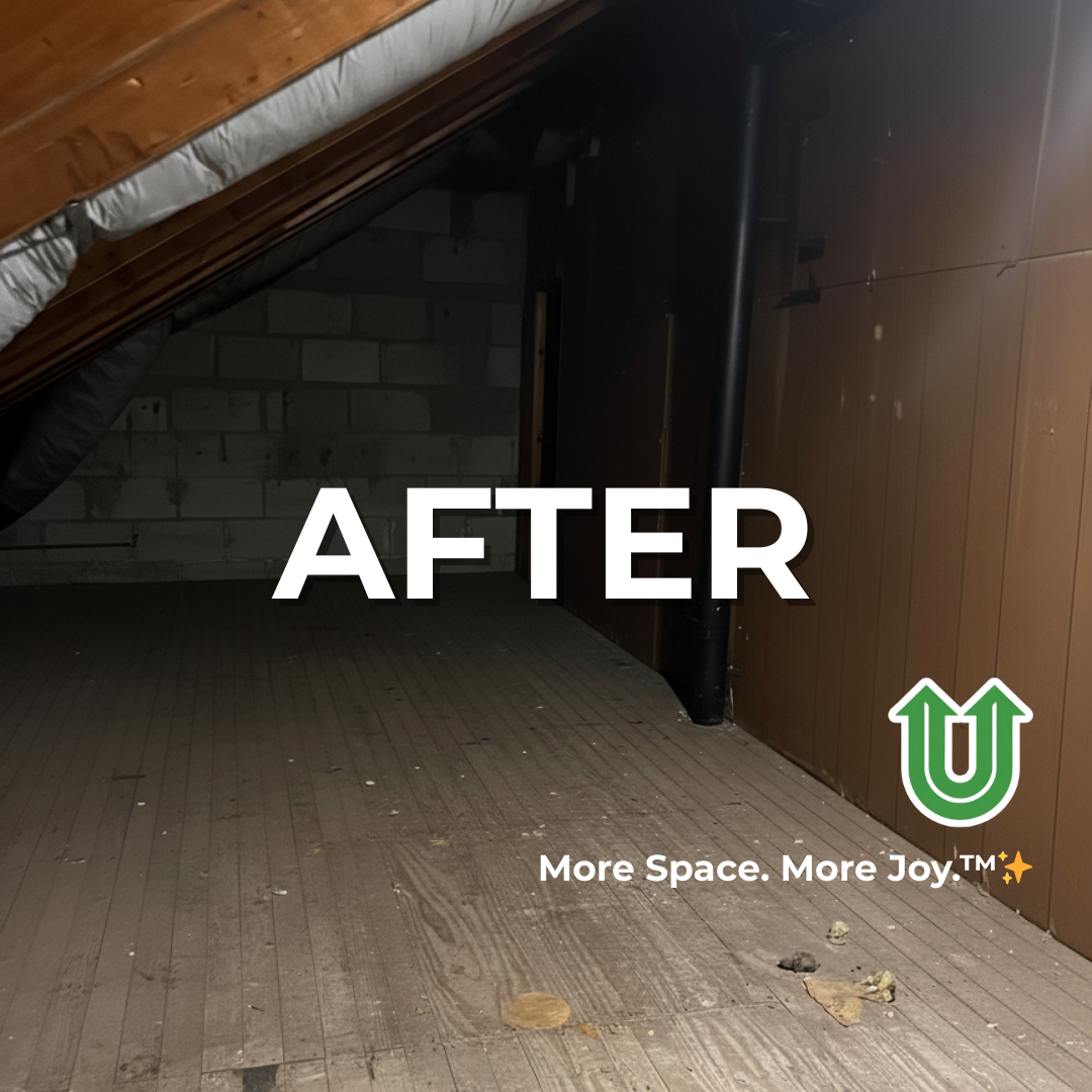 Branded "AFTER UPLIFT" image showing a newly cleared attic in Center City Philly. The image features the green Uplift “U” brand mark and the ‘More Space. More Joy.™ ✨’ tagline.