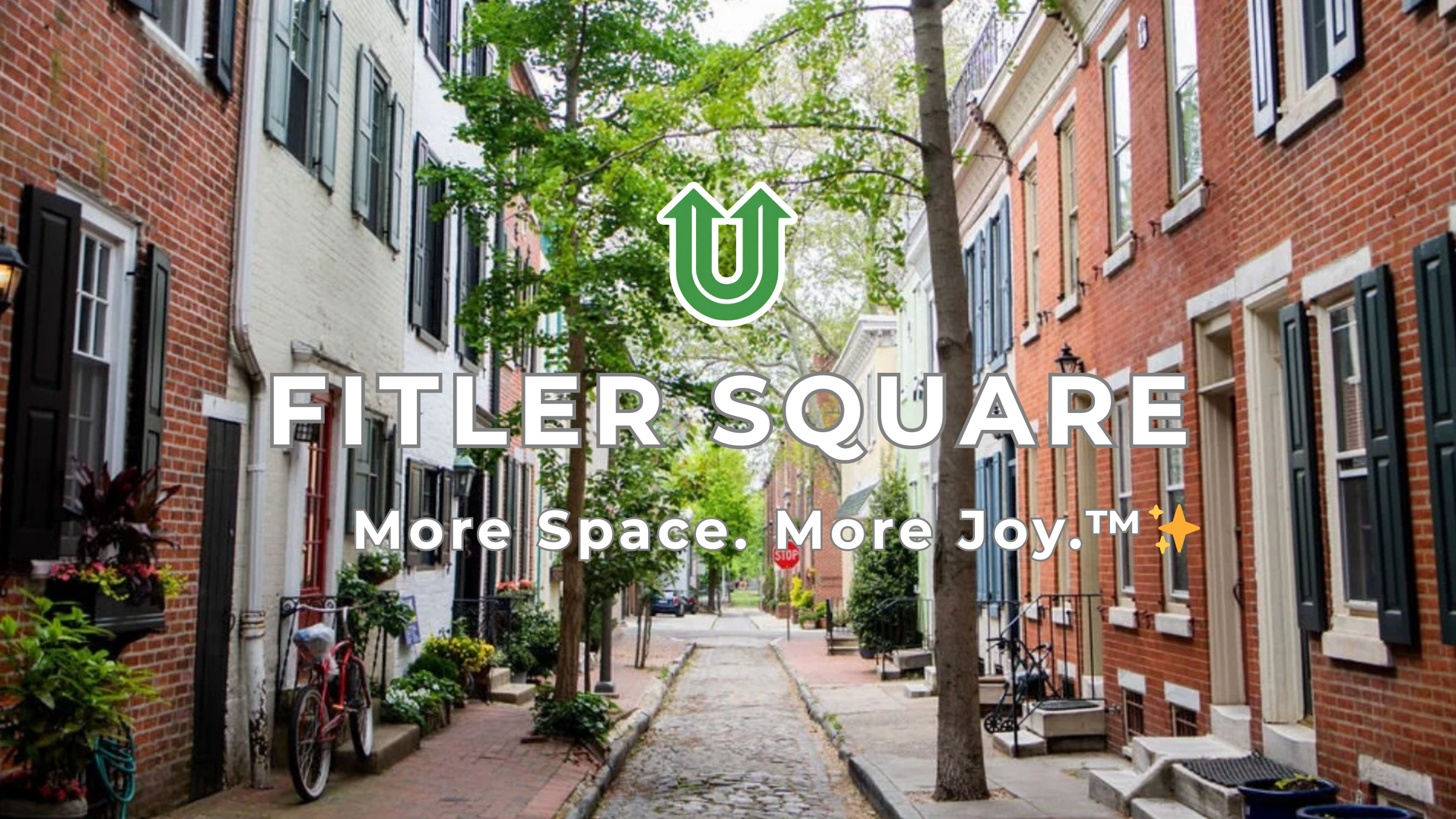 Branded photo from Uplift Junk Solutions showing a cleanout at a home in the residential Fitler Square neighborhood of Philly. The image features the green Uplift “U” brand mark and the ‘More Space. More Joy.™ ✨’ tagline.