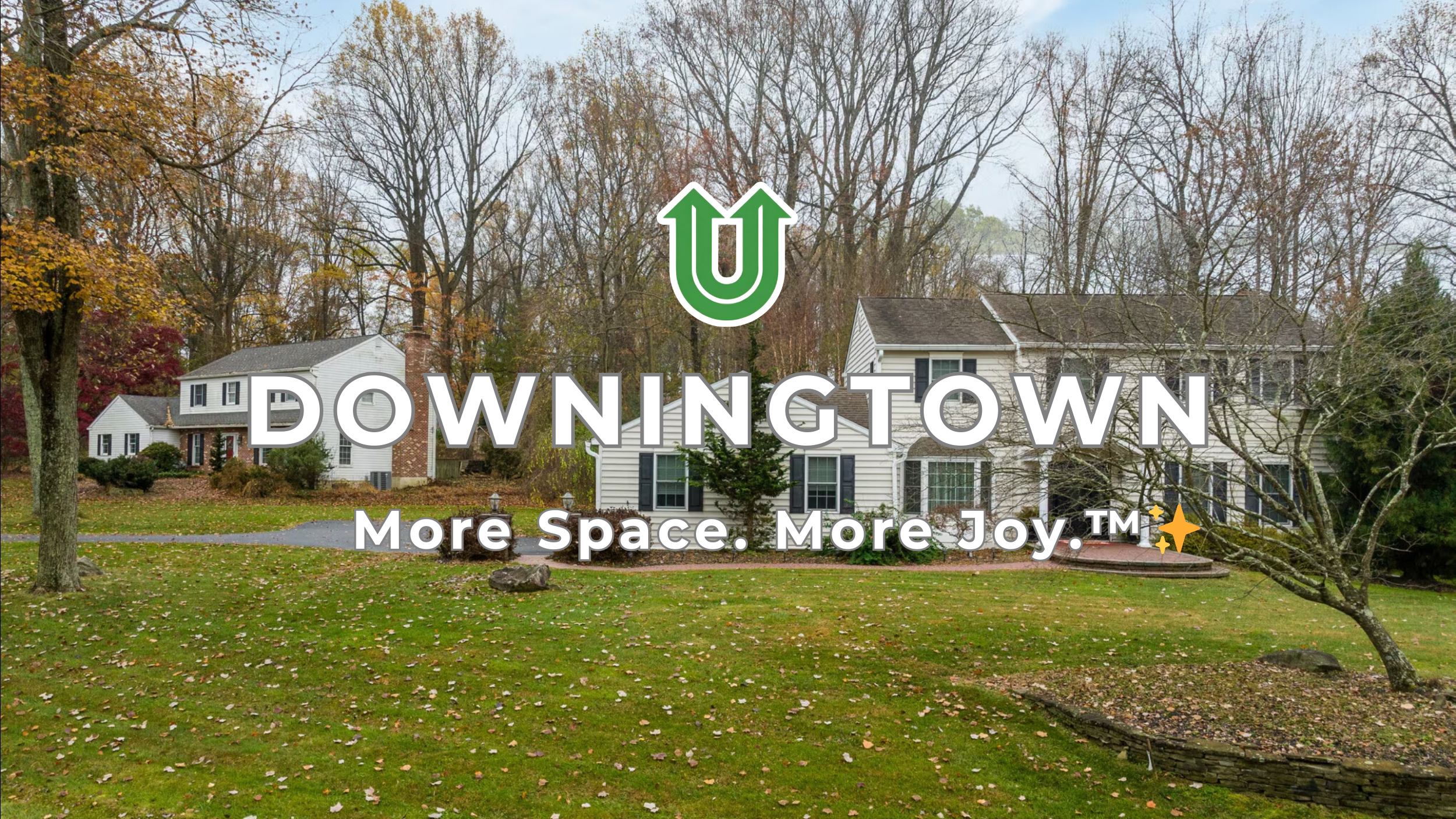 Branded photo from Uplift Junk Solutions showing a cleanout for a home in Downingtown, Chester County, PA. The image features the green Uplift “U” brand mark and the ‘More Space. More Joy.™ ✨’ tagline.