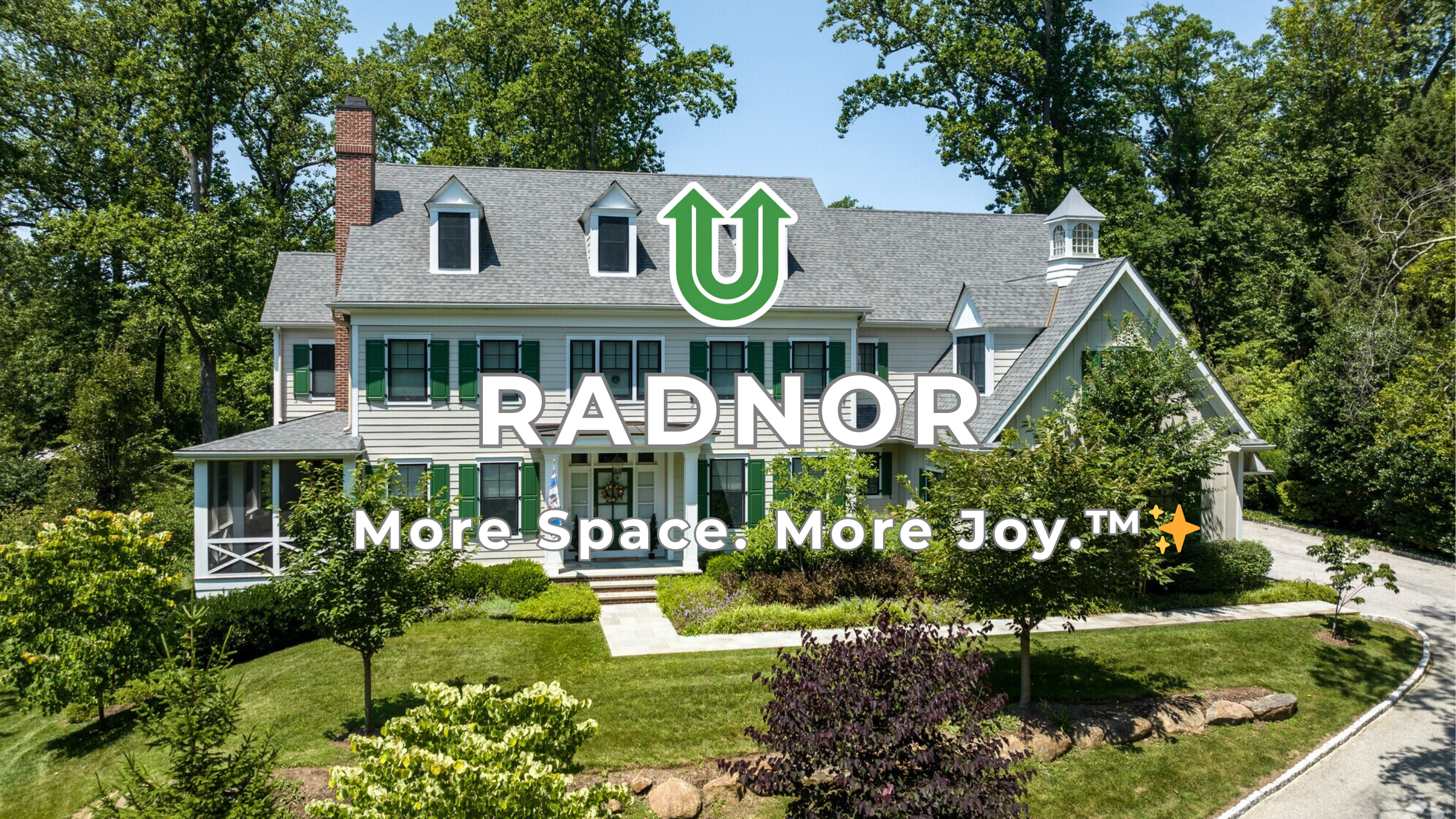 Branded photo from Uplift Junk Solutions showing a cleanout for a home in the Main Line town of Radnor, PA. The image features the green Uplift “U” brand mark and the ‘More Space. More Joy.™ ✨’ tagline.