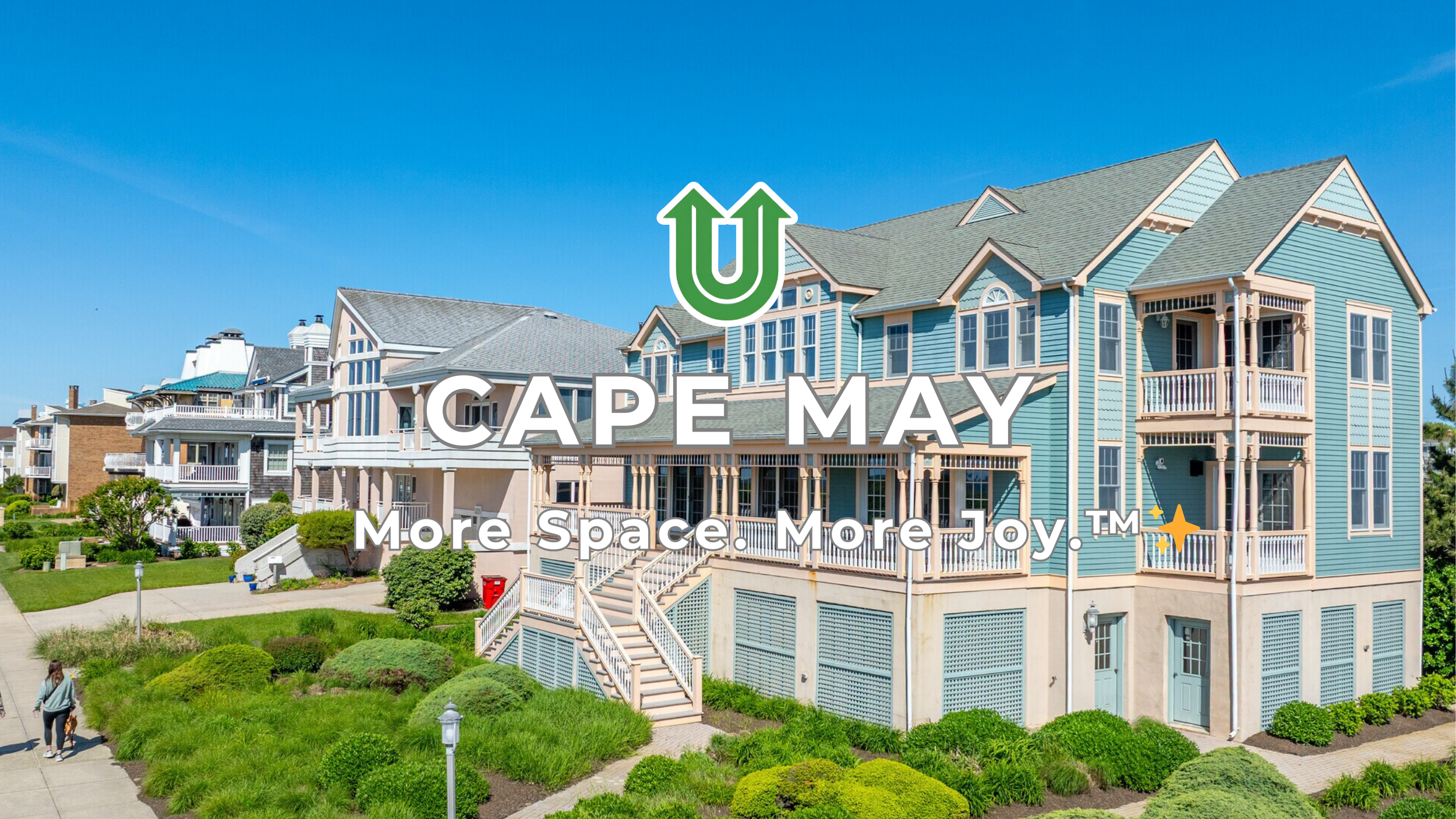 Branded photo from Uplift Junk Solutions showing a cleanout for a beach home in Cape May, NJ. The image features the green Uplift “U” brand mark and the ‘More Space. More Joy.™ ✨’ tagline.