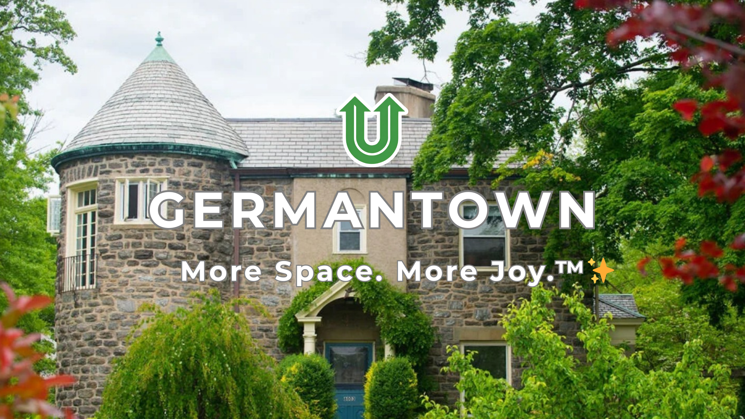 Branded photo from Uplift Junk Solutions showing a cleanout at a historic residence in Germantown, Philly. The image features the green Uplift “U” brand mark and the ‘More Space. More Joy.™ ✨’ tagline.