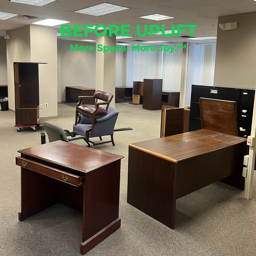 Before Uplift Junk Solutions' basement cleanout, showing the before cluttered space in an office in Cherry Hill, NJ.