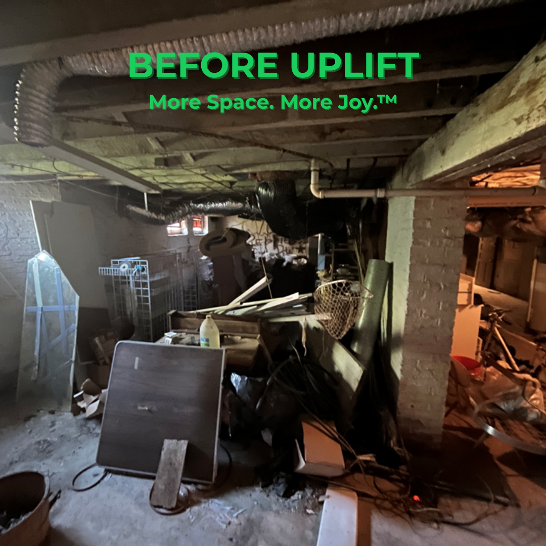 Before Uplift Junk Solutions' basement cleanout, showing the before cluttered space in a home on the Main Line, PA.