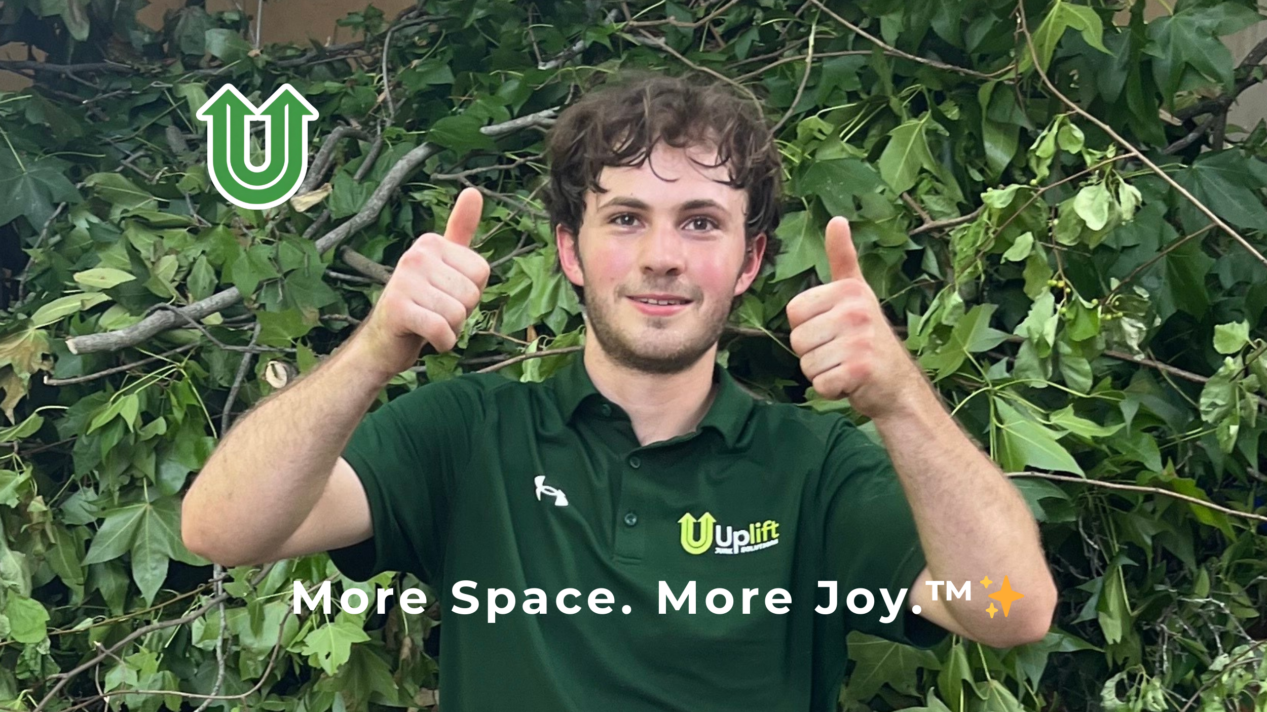 Branded photo from Uplift Junk Solutions showing a team member giving a thumbs-up after a yard cleanout in Chestnut Hill, PA. The image features the green Uplift “U” brand mark and the ‘More Space. More Joy.™ ✨’ tagline.