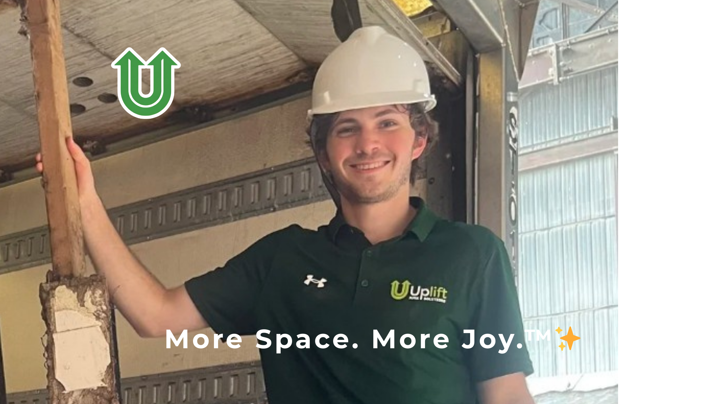 Branded photo from Uplift Junk Solutions showing a team member with safety gear during a demolition debris cleanout in the Pennsylvania suburbs. The image features the green Uplift “U” brand mark and the ‘More Space. More Joy.™ ✨’ tagline.