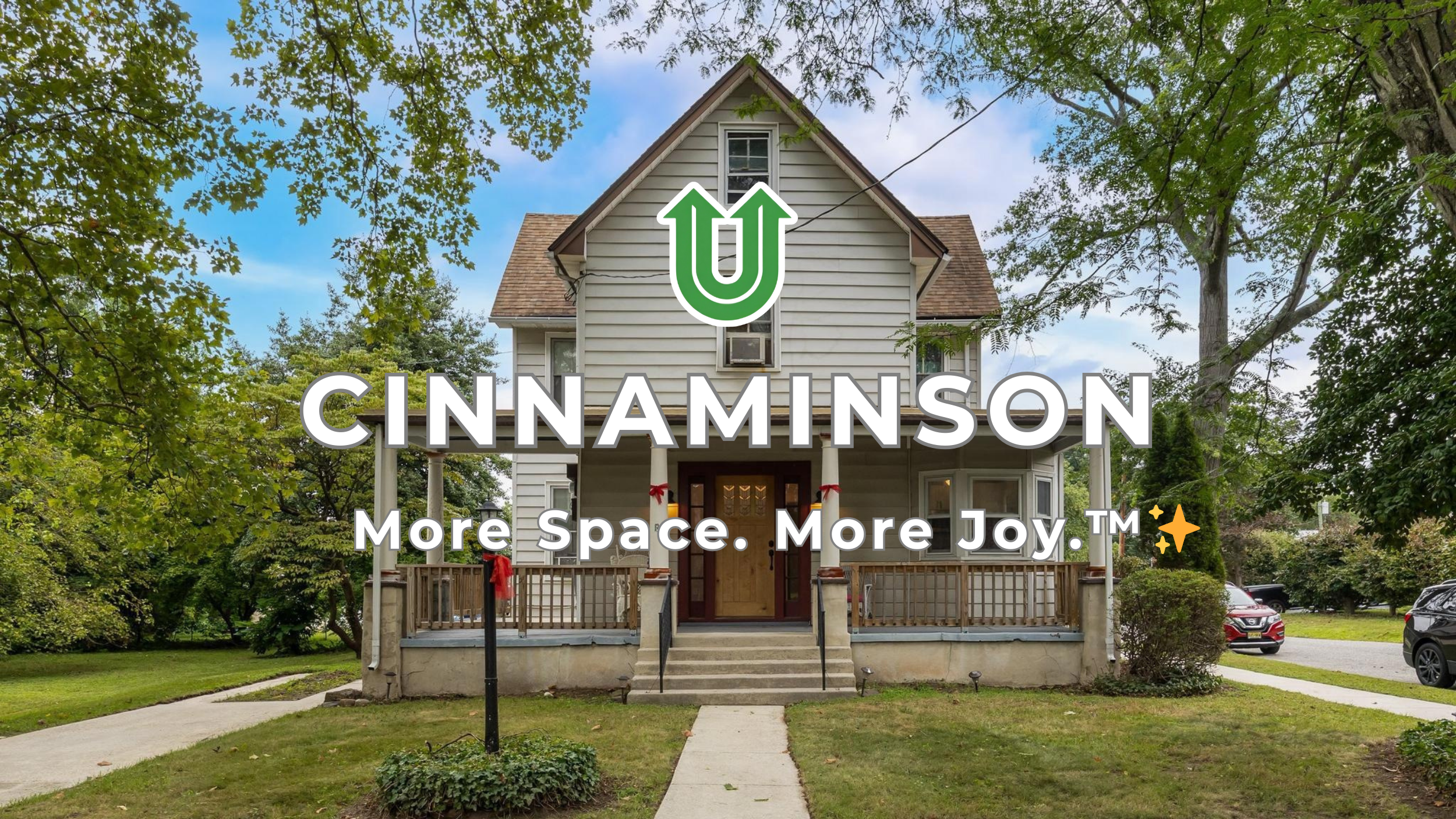 Branded photo from Uplift Junk Solutions showing a cleanout for a home in Cinnaminson, Burlington County, NJ. The image features the green Uplift “U” brand mark and the ‘More Space. More Joy.™ ✨’ tagline.