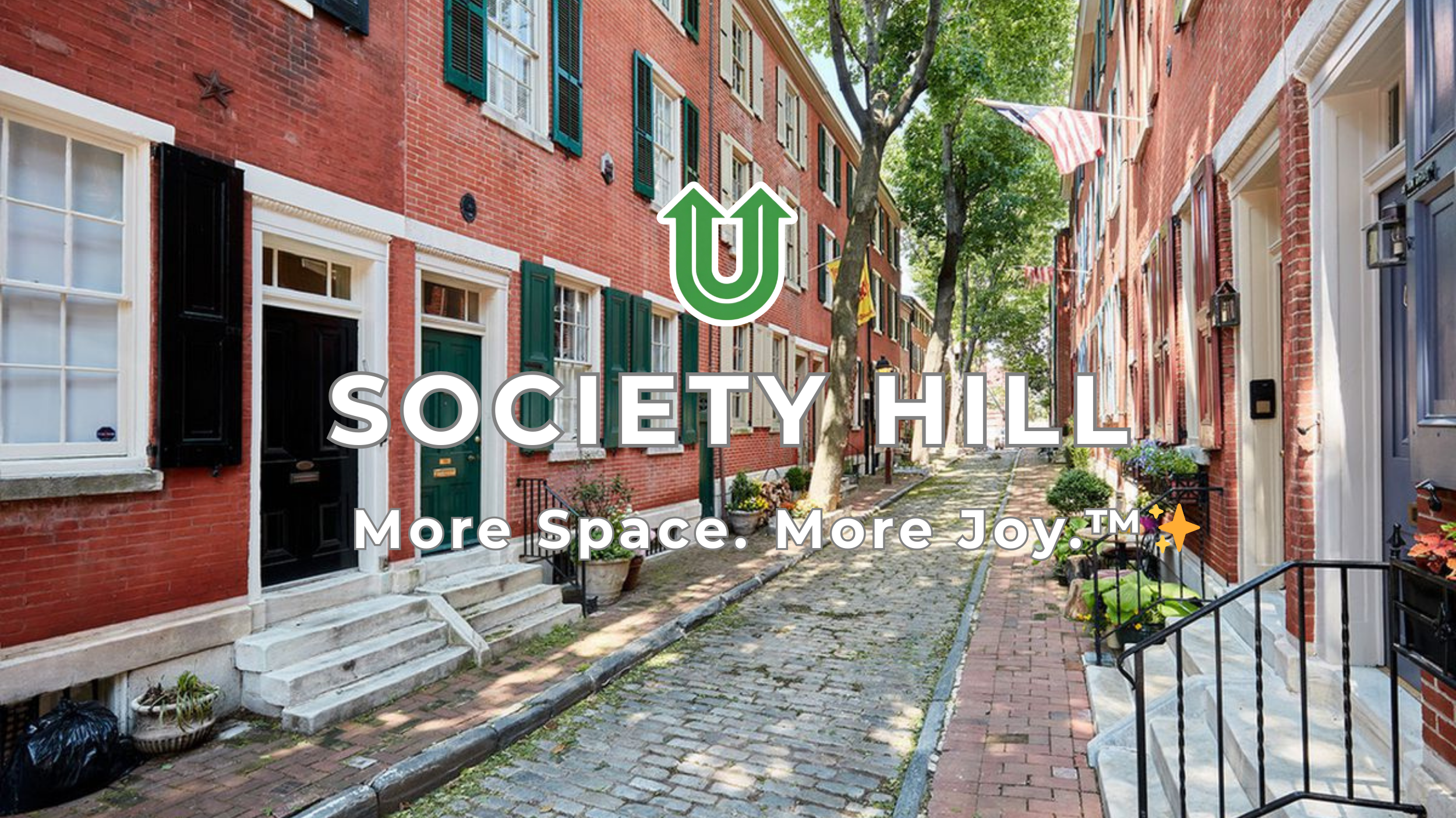 Branded photo from Uplift Junk Solutions showing a cleanout at a historic residence in the Society Hill neighborhood of Philly. The image features the green Uplift “U” brand mark and the ‘More Space. More Joy.™ ✨’ tagline.
